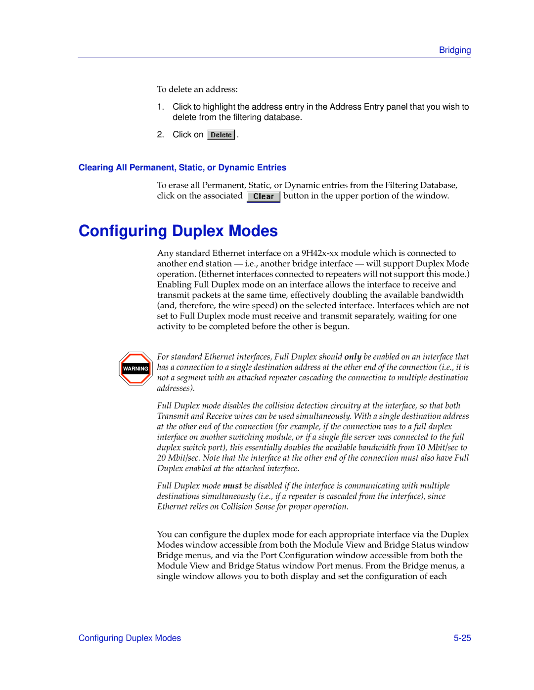 Cabletron Systems 9H42X-XX manual Conﬁguring Duplex Modes, Clearing All Permanent, Static, or Dynamic Entries 