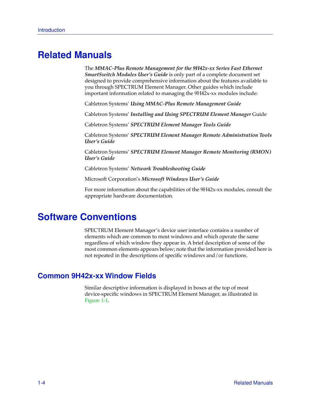 Cabletron Systems 9H42X-XX manual Related Manuals, Software Conventions, Common 9H42x-xx Window Fields 