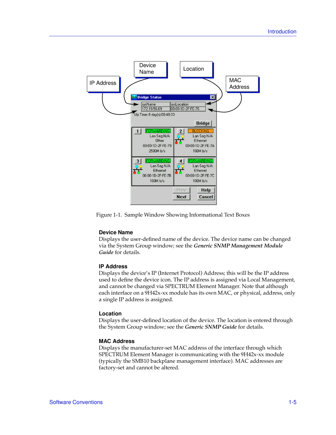 Cabletron Systems 9H42X-XX manual Device Name, IP Address, Location, MAC Address 