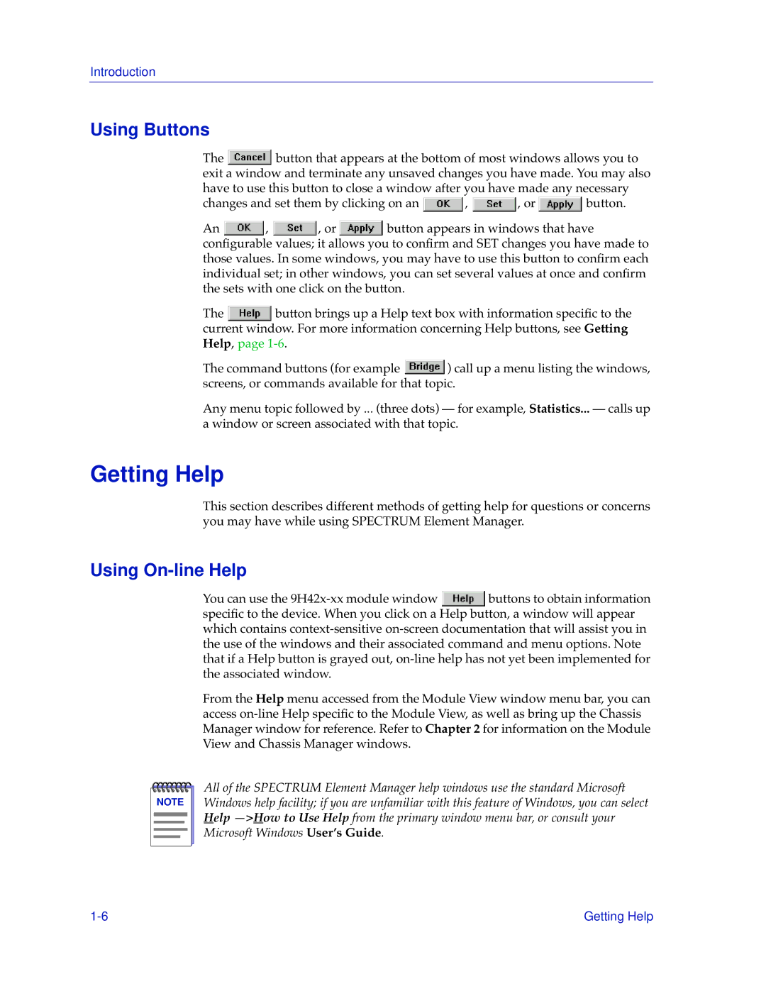 Cabletron Systems 9H42X-XX manual Getting Help, Using Buttons, Using On-line Help 