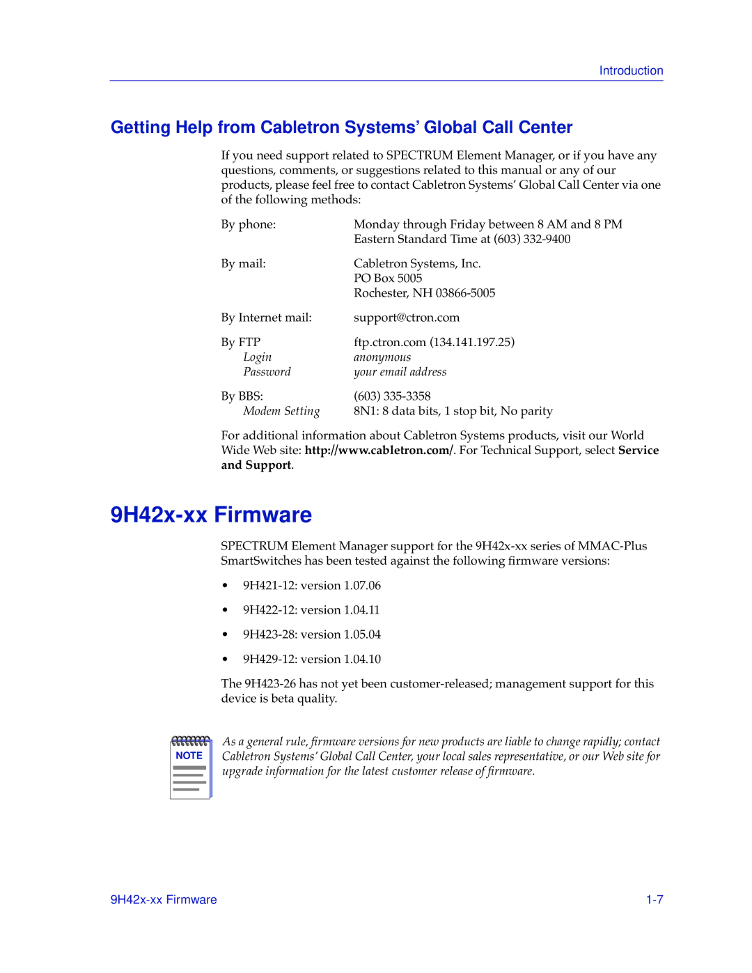 Cabletron Systems 9H42X-XX manual 9H42x-xx Firmware, Getting Help from Cabletron Systems’ Global Call Center 