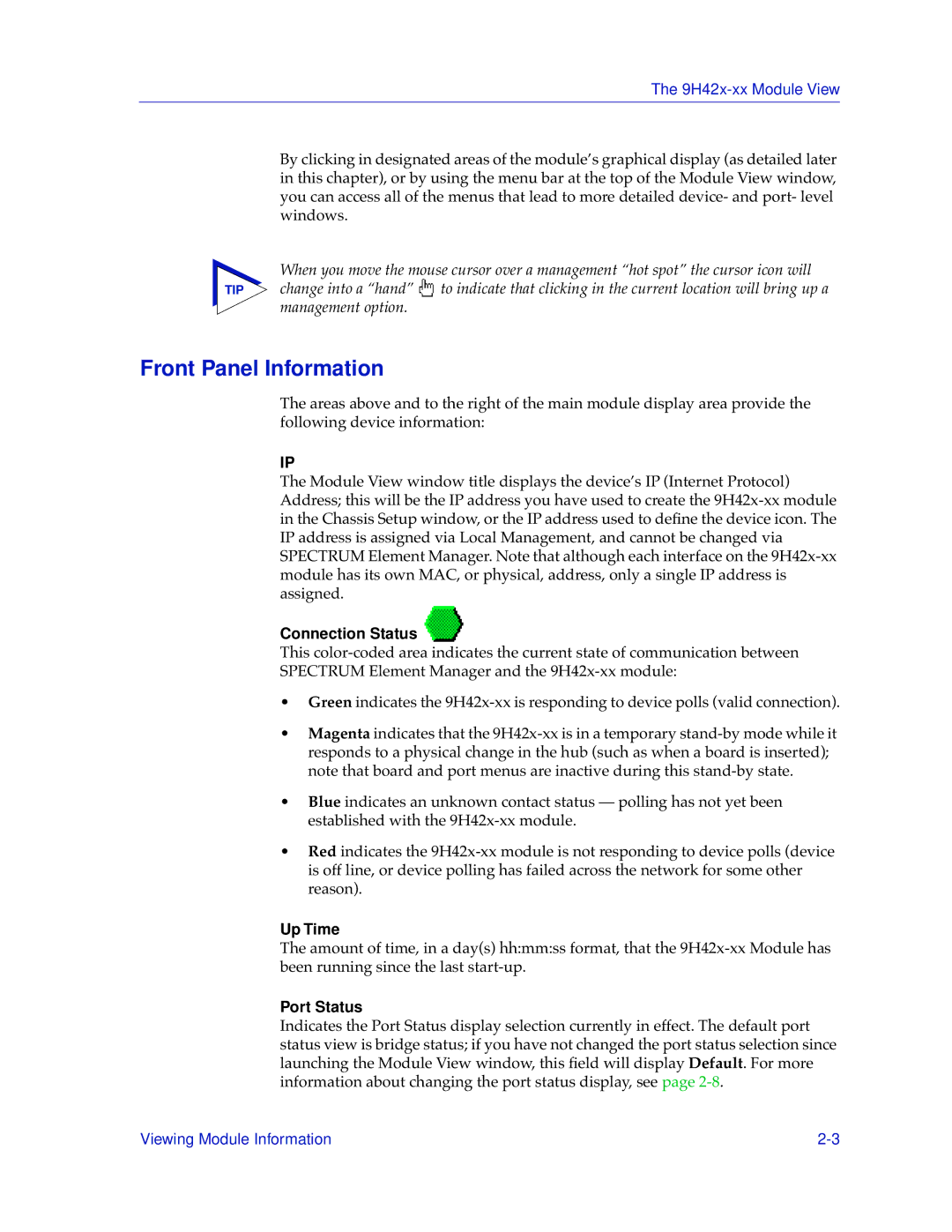 Cabletron Systems 9H42X-XX manual Front Panel Information, Connection Status, Up Time, Port Status 