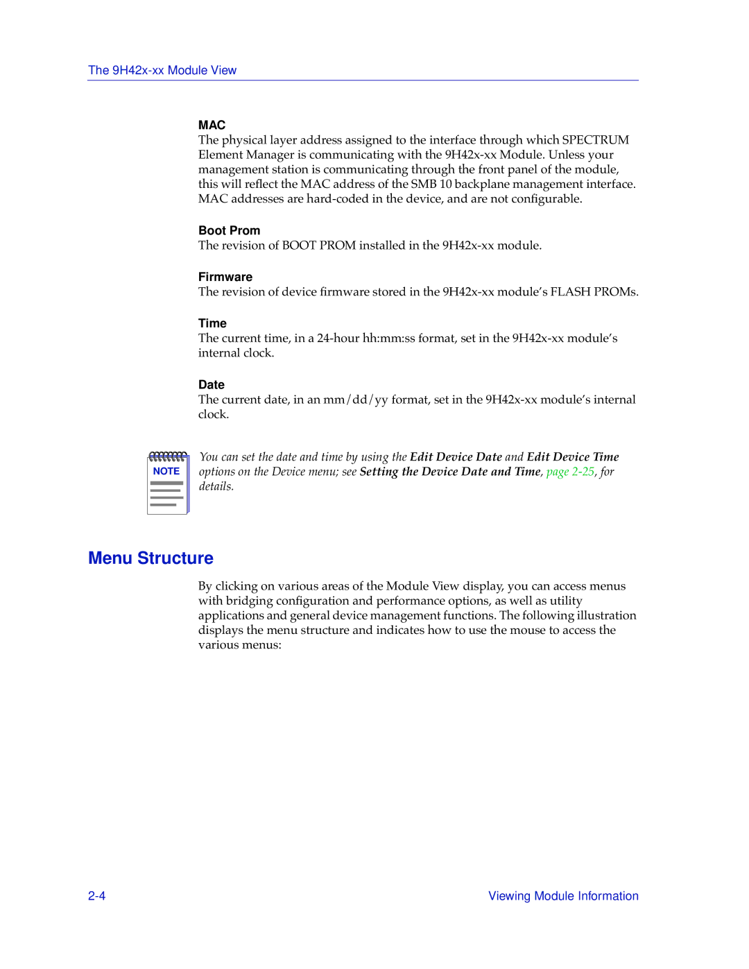 Cabletron Systems 9H42X-XX manual Menu Structure, Boot Prom, Firmware, Time, Date 