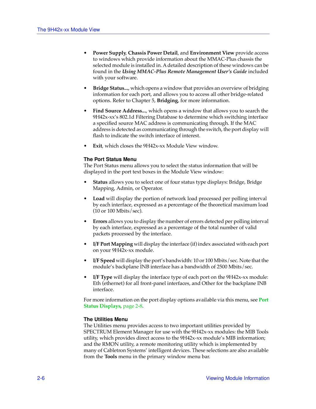 Cabletron Systems 9H42X-XX manual Port Status Menu, Utilities Menu 