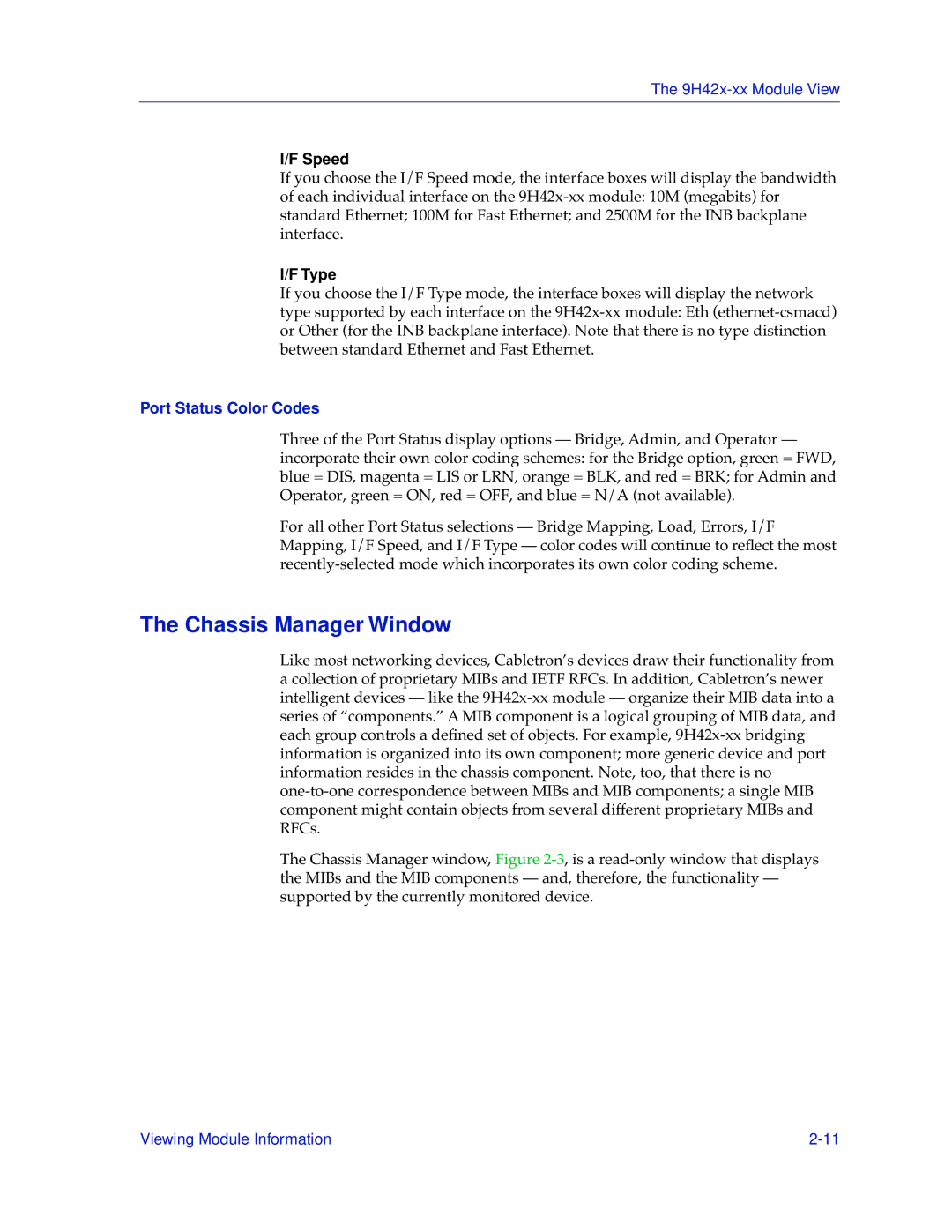 Cabletron Systems 9H42X-XX manual Chassis Manager Window, Speed, Type, Port Status Color Codes 
