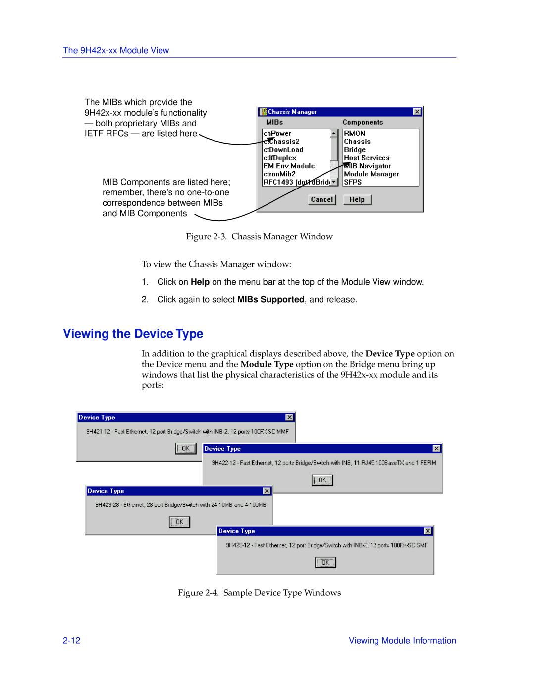 Cabletron Systems 9H42X-XX manual Viewing the Device Type, Chassis Manager Window To view the Chassis Manager window 