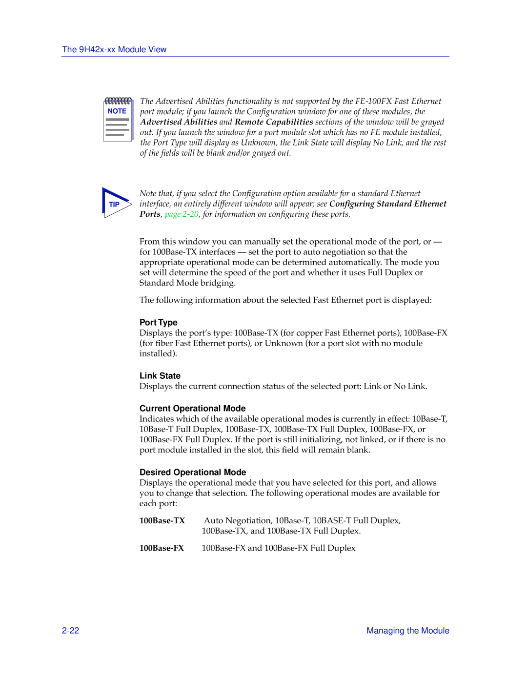 Cabletron Systems 9H42X-XX manual Port Type, Link State, Current Operational Mode, Desired Operational Mode 