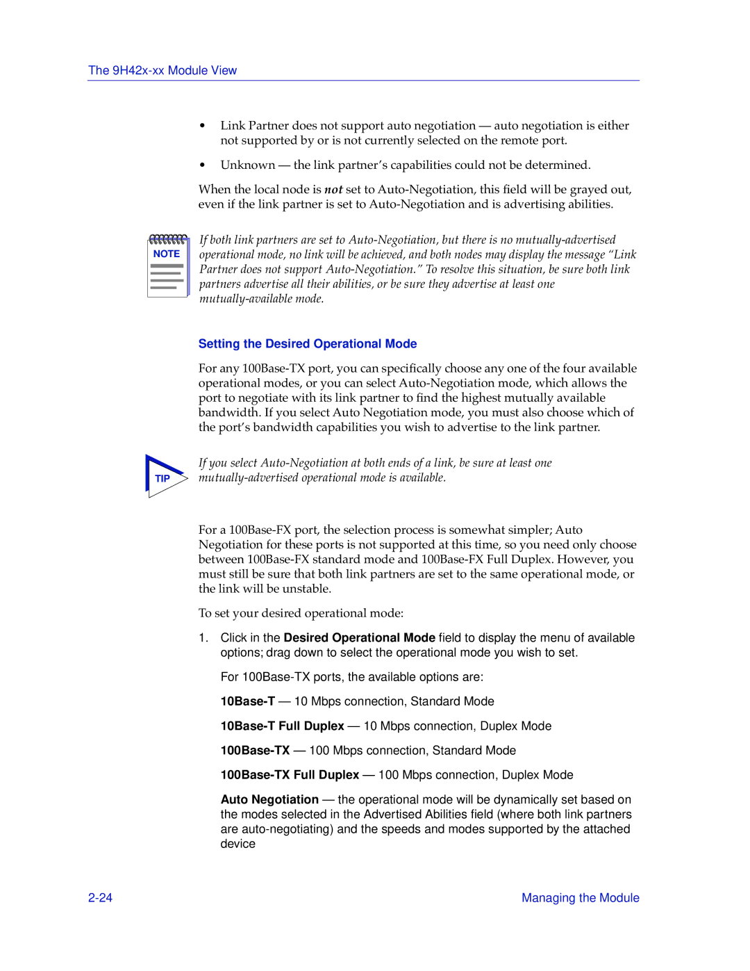 Cabletron Systems 9H42X-XX manual Setting the Desired Operational Mode 