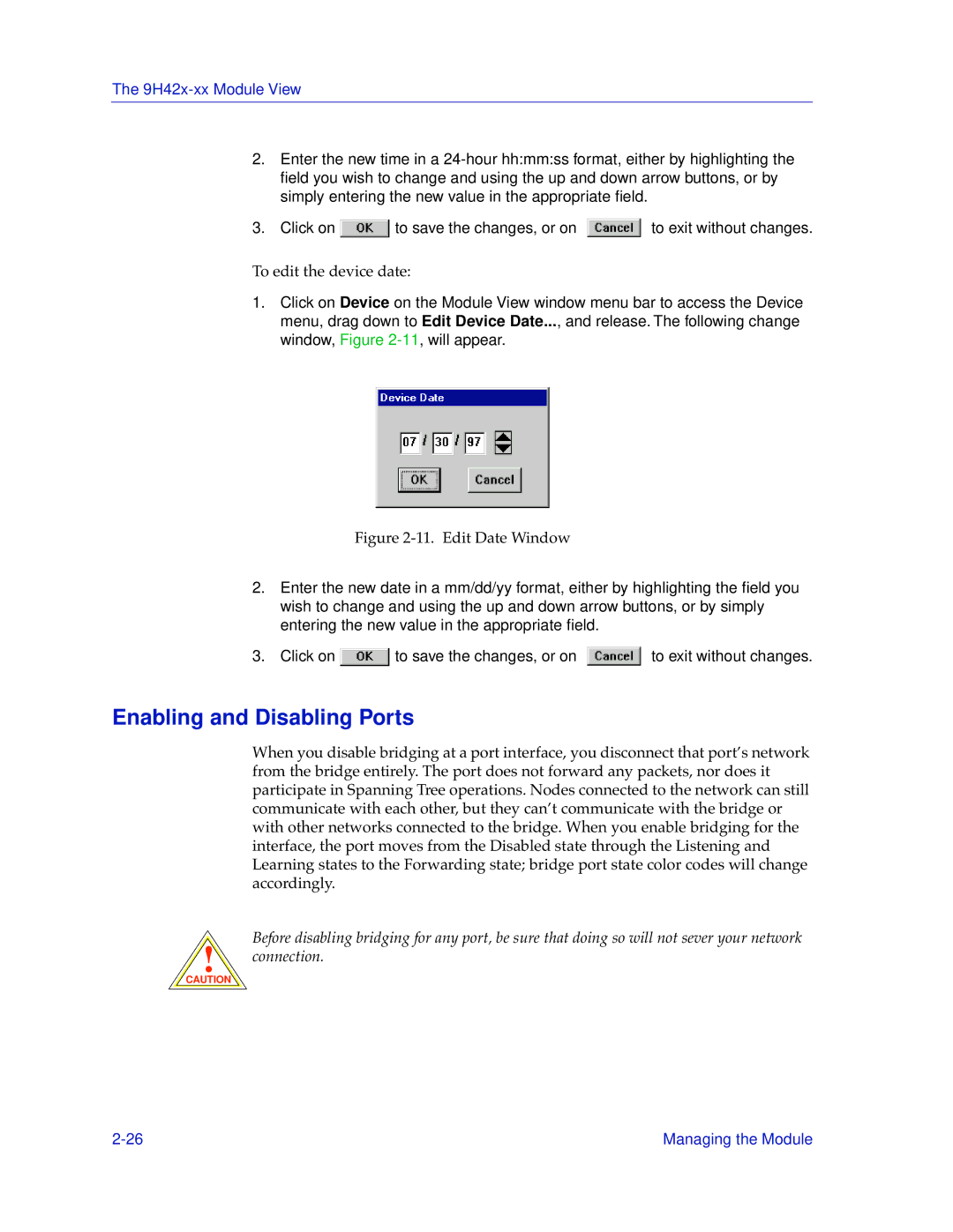 Cabletron Systems 9H42X-XX manual Enabling and Disabling Ports, Edit Date Window 