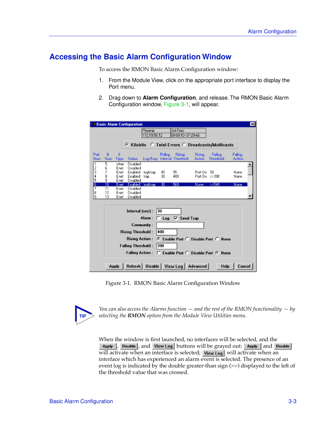 Cabletron Systems 9H42X-XX manual Accessing the Basic Alarm Conﬁguration Window, Rmon Basic Alarm Conﬁguration Window 