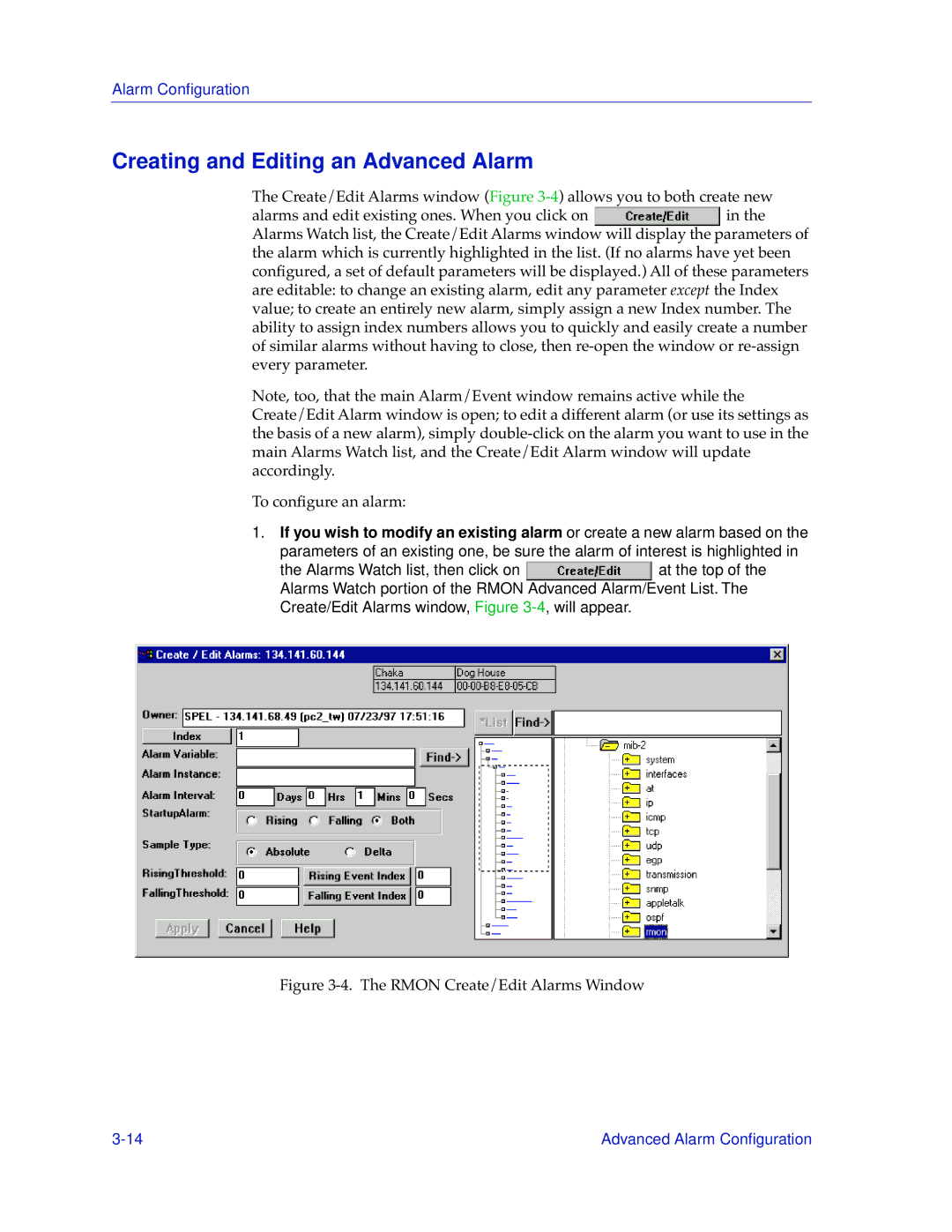 Cabletron Systems 9H42X-XX manual Creating and Editing an Advanced Alarm, Rmon Create/Edit Alarms Window 