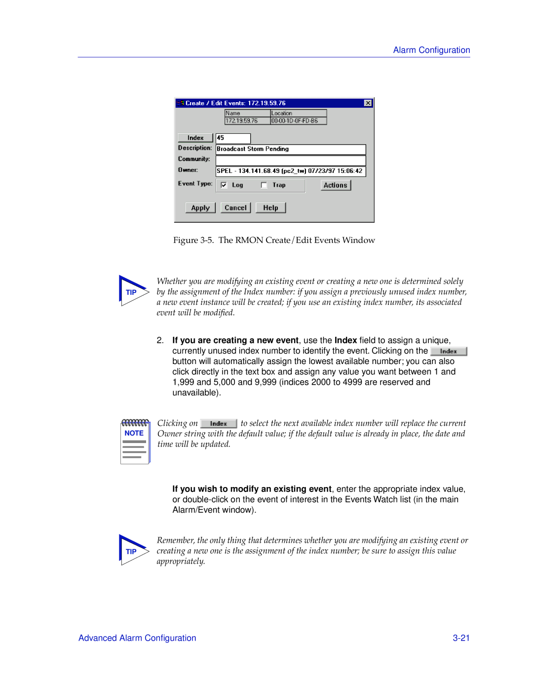 Cabletron Systems 9H42X-XX manual Rmon Create/Edit Events Window 