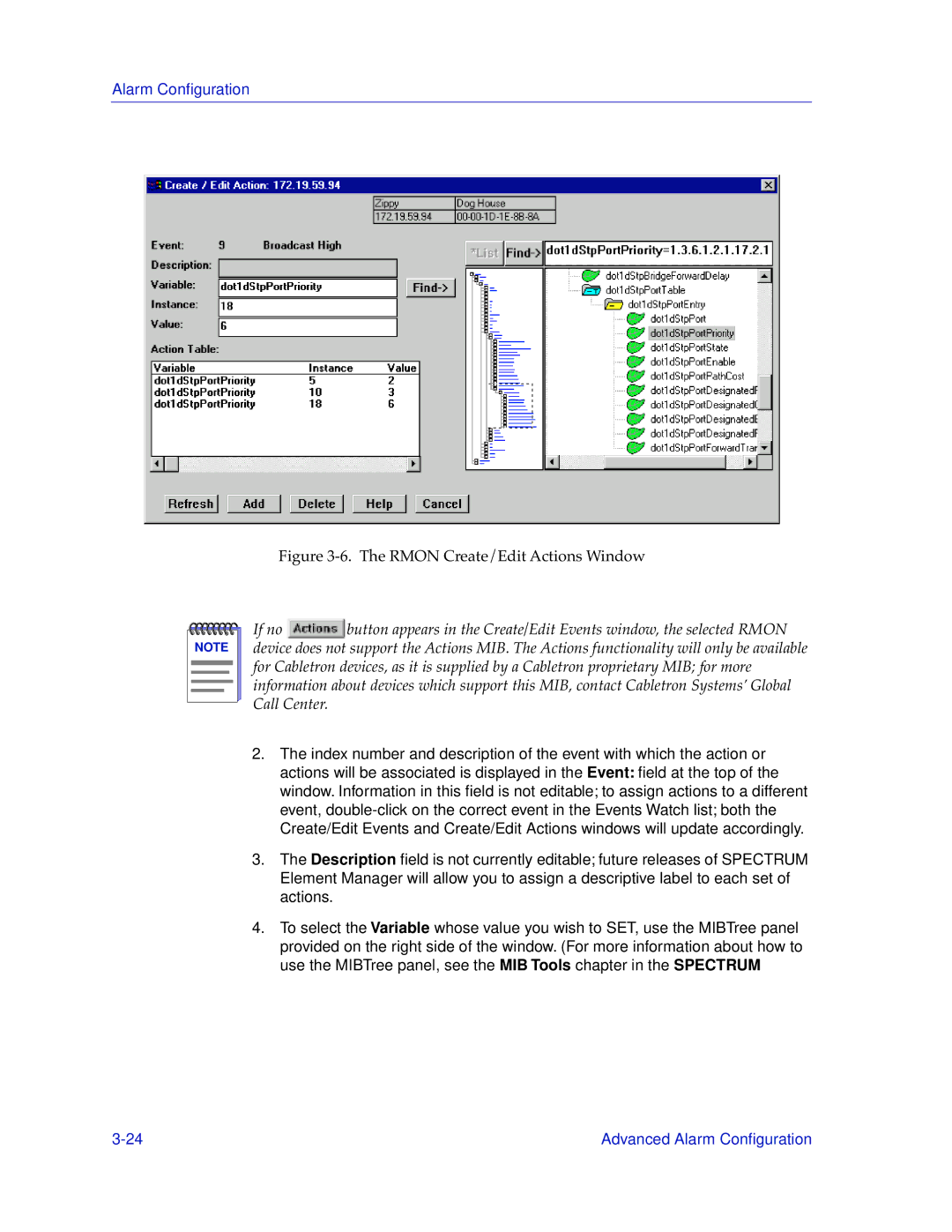 Cabletron Systems 9H42X-XX manual Rmon Create/Edit Actions Window 