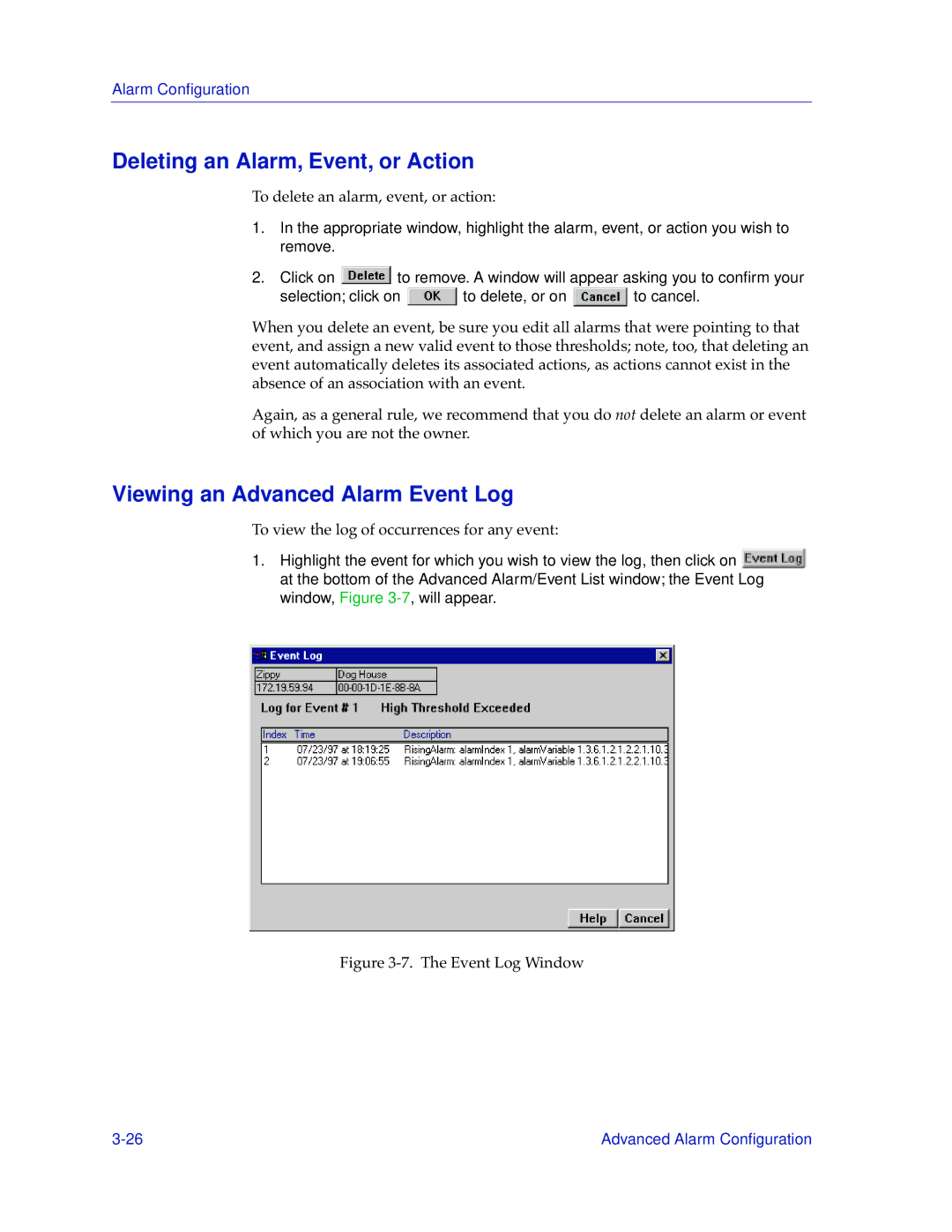 Cabletron Systems 9H42X-XX manual Deleting an Alarm, Event, or Action, Viewing an Advanced Alarm Event Log 