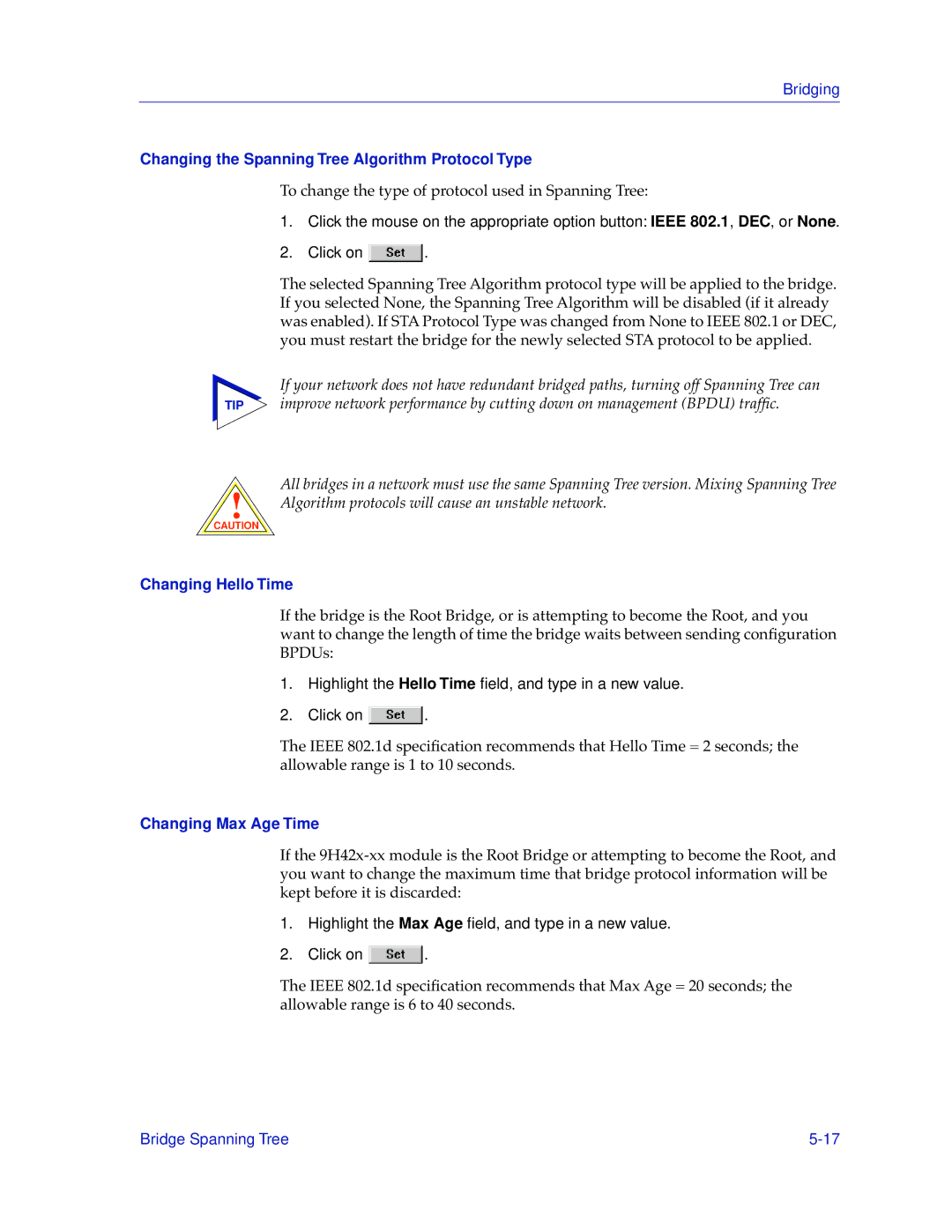 Cabletron Systems 9H42X-XX Changing the Spanning Tree Algorithm Protocol Type, Changing Hello Time, Changing Max Age Time 