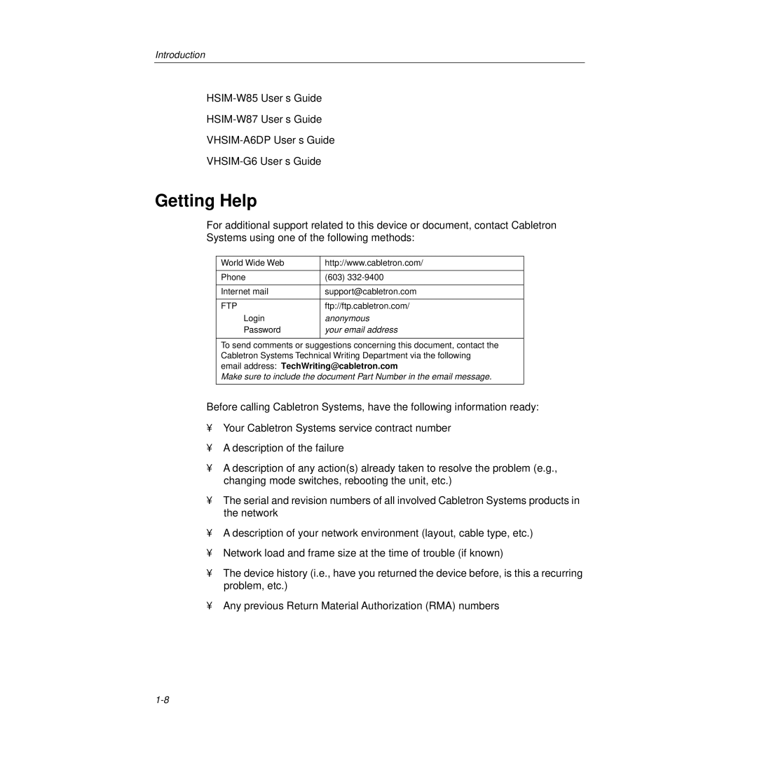 Cabletron Systems 9H532-17, 9H531-17 manual Getting Help, Your email address 