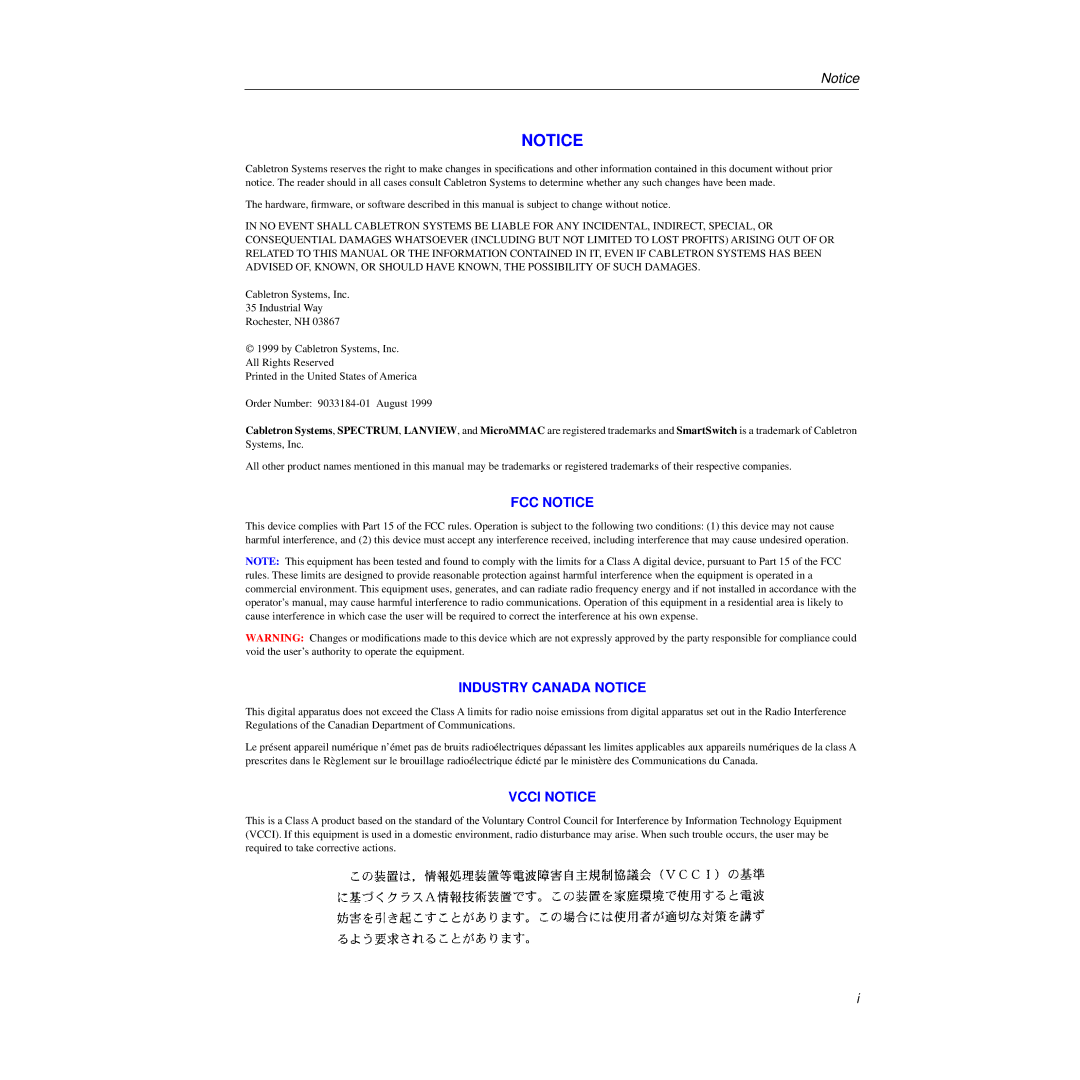 Cabletron Systems 9H531-17, 9H532-17 manual FCC Notice 