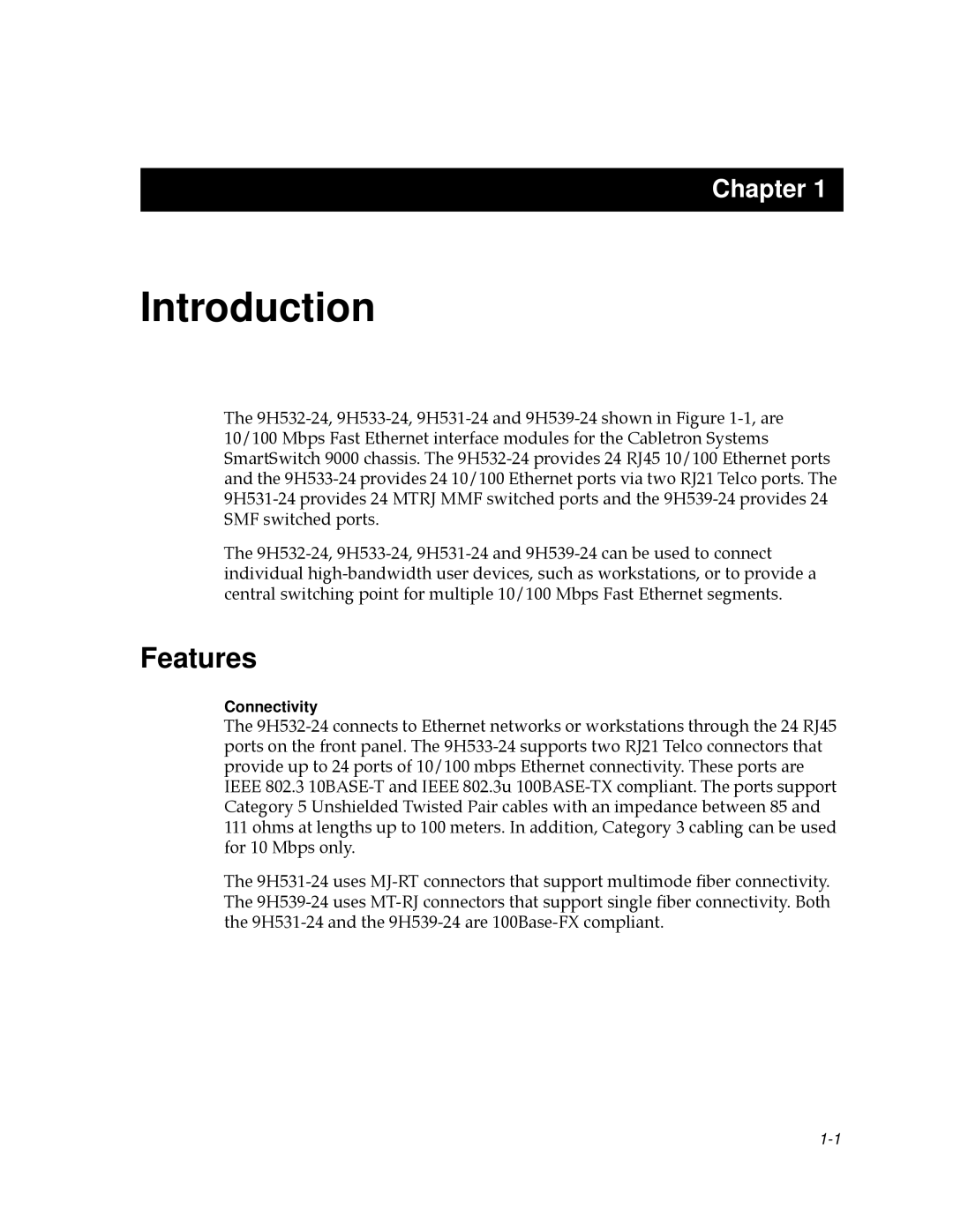 Cabletron Systems 9H531-24, 9H532-24, 9H533-24 manual Introduction, Features 