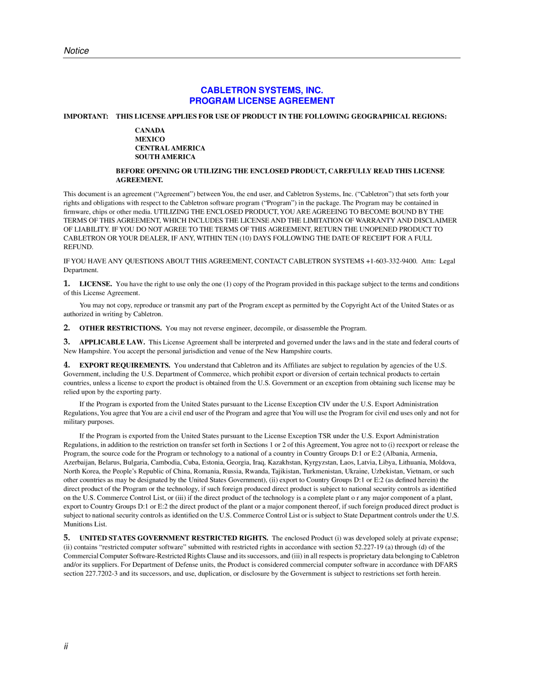 Cabletron Systems 9H531-24, 9H532-24, 9H533-24 manual Cabletron SYSTEMS, INC Program License Agreement 