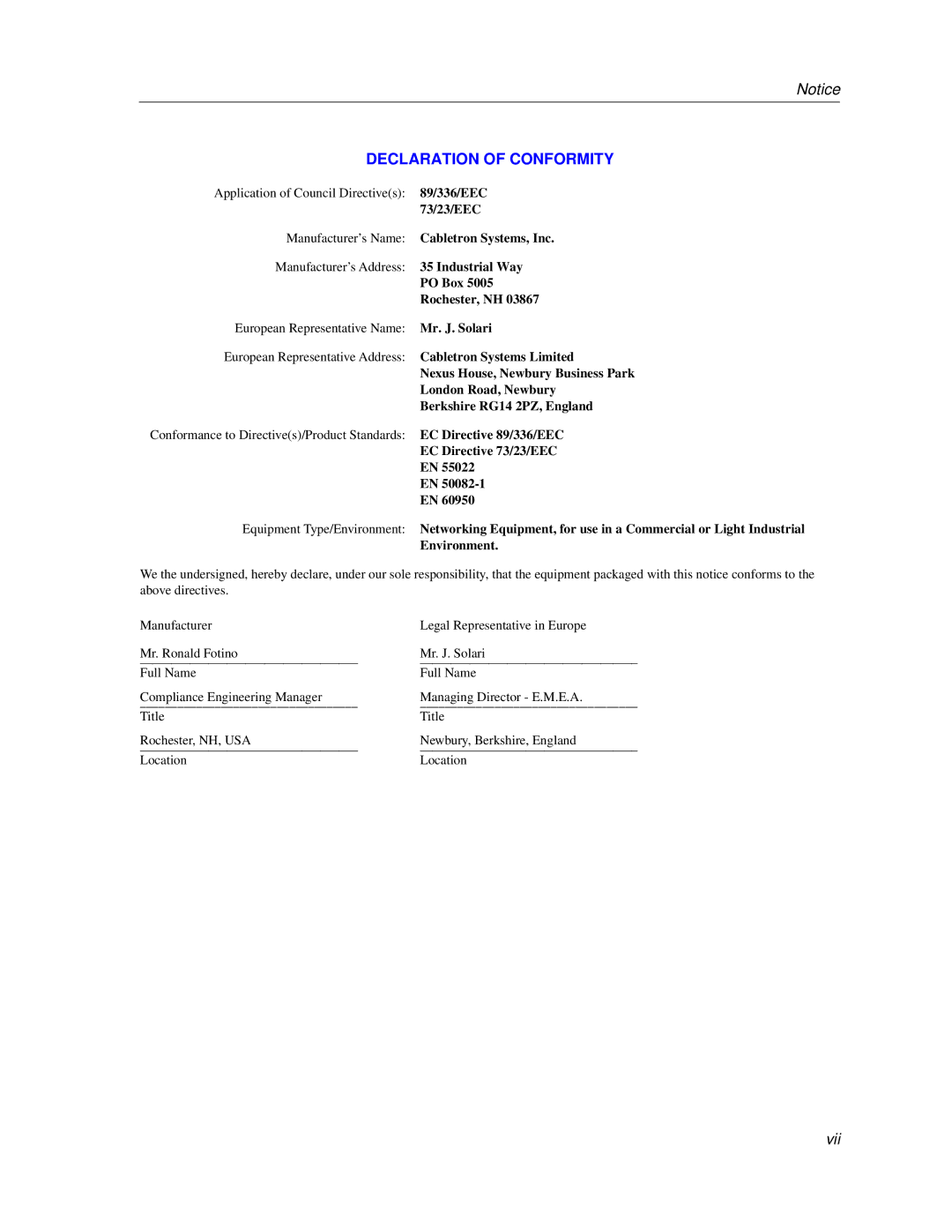 Cabletron Systems 9H532-24, 9H531-24, 9H533-24 manual Declaration of Conformity 