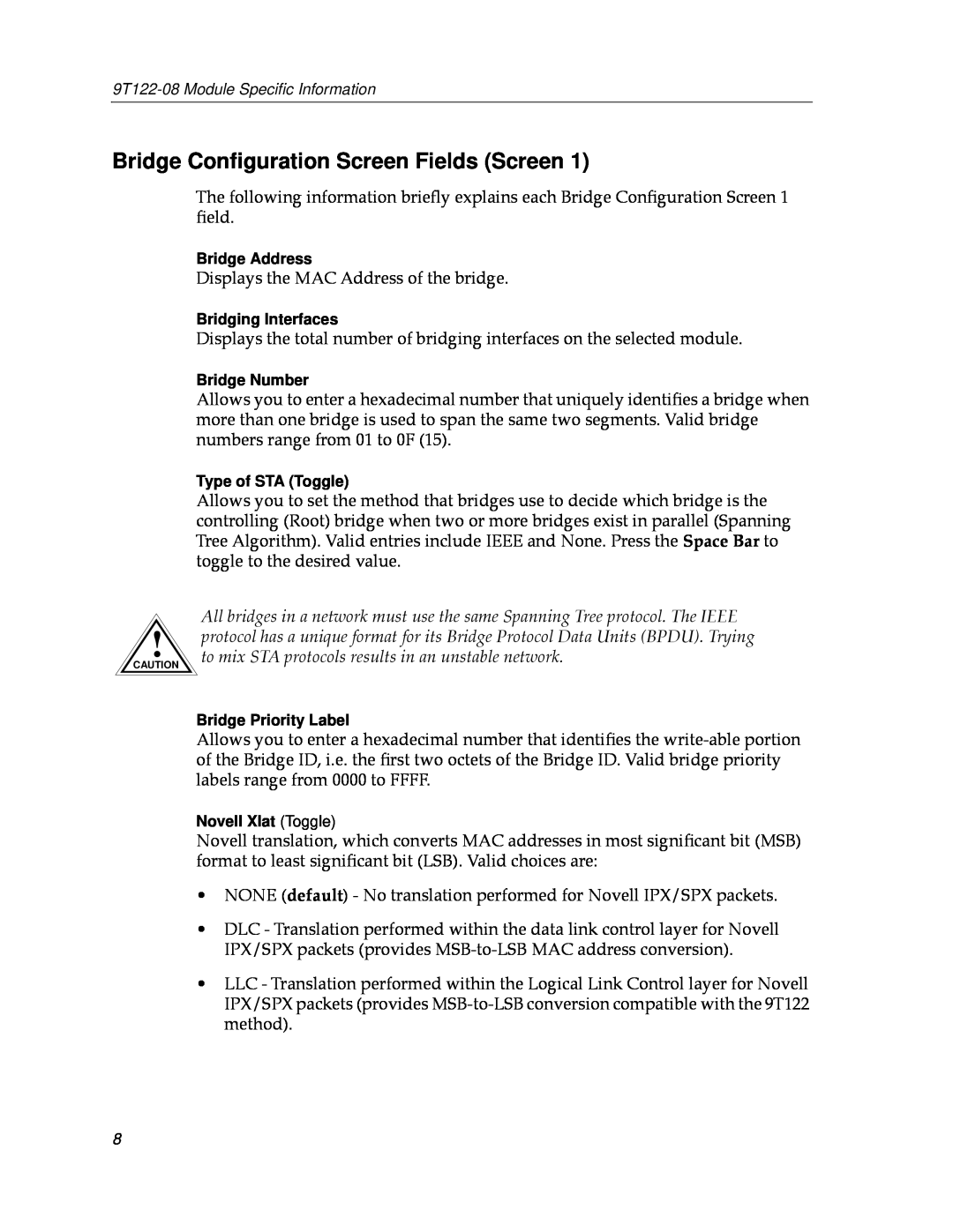 Cabletron Systems 9T122-08 appendix Bridge Conﬁguration Screen Fields Screen 