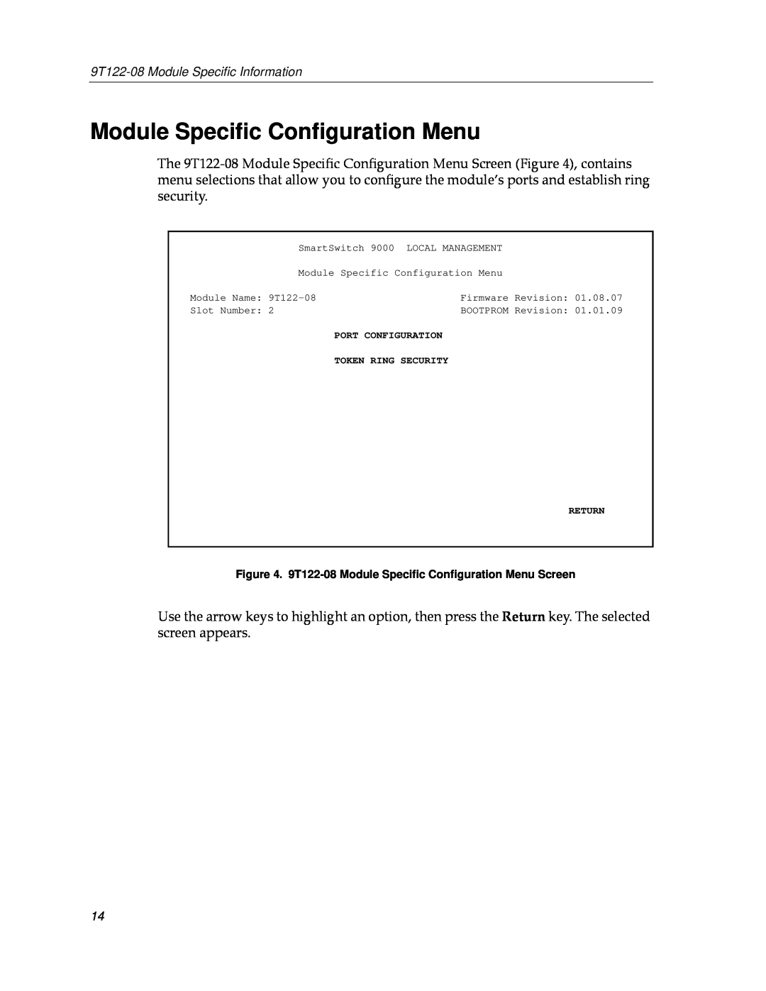Cabletron Systems appendix 9T122-08 Module Speciﬁc Conﬁguration Menu Screen 