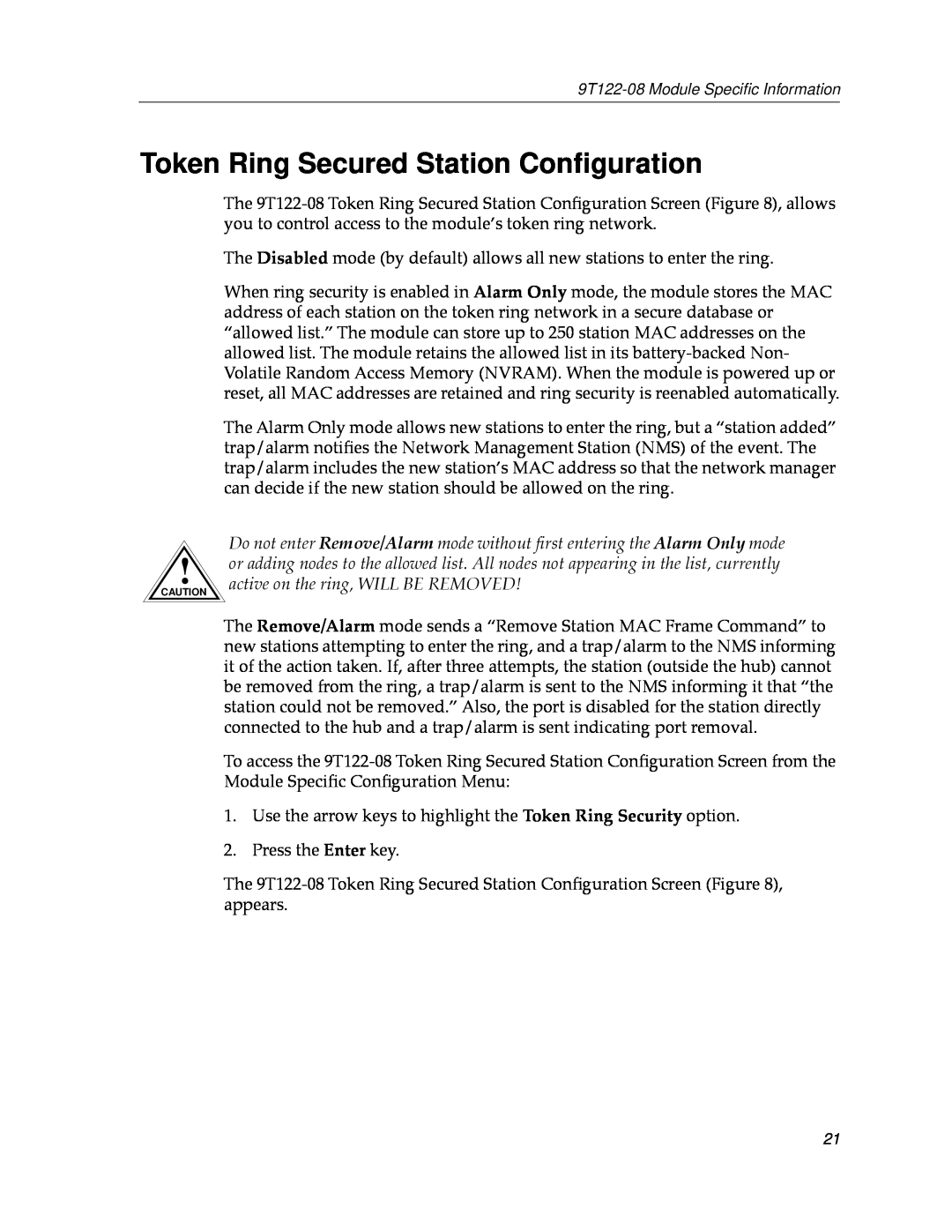 Cabletron Systems 9T122-08 appendix Token Ring Secured Station Conﬁguration 