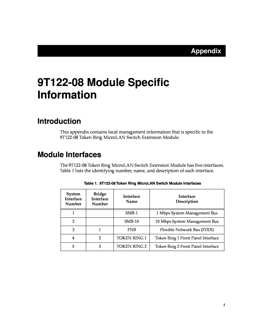 Cabletron Systems appendix Introduction, Module Interfaces, 9T122-08 Module Speciﬁc Information, Appendix 