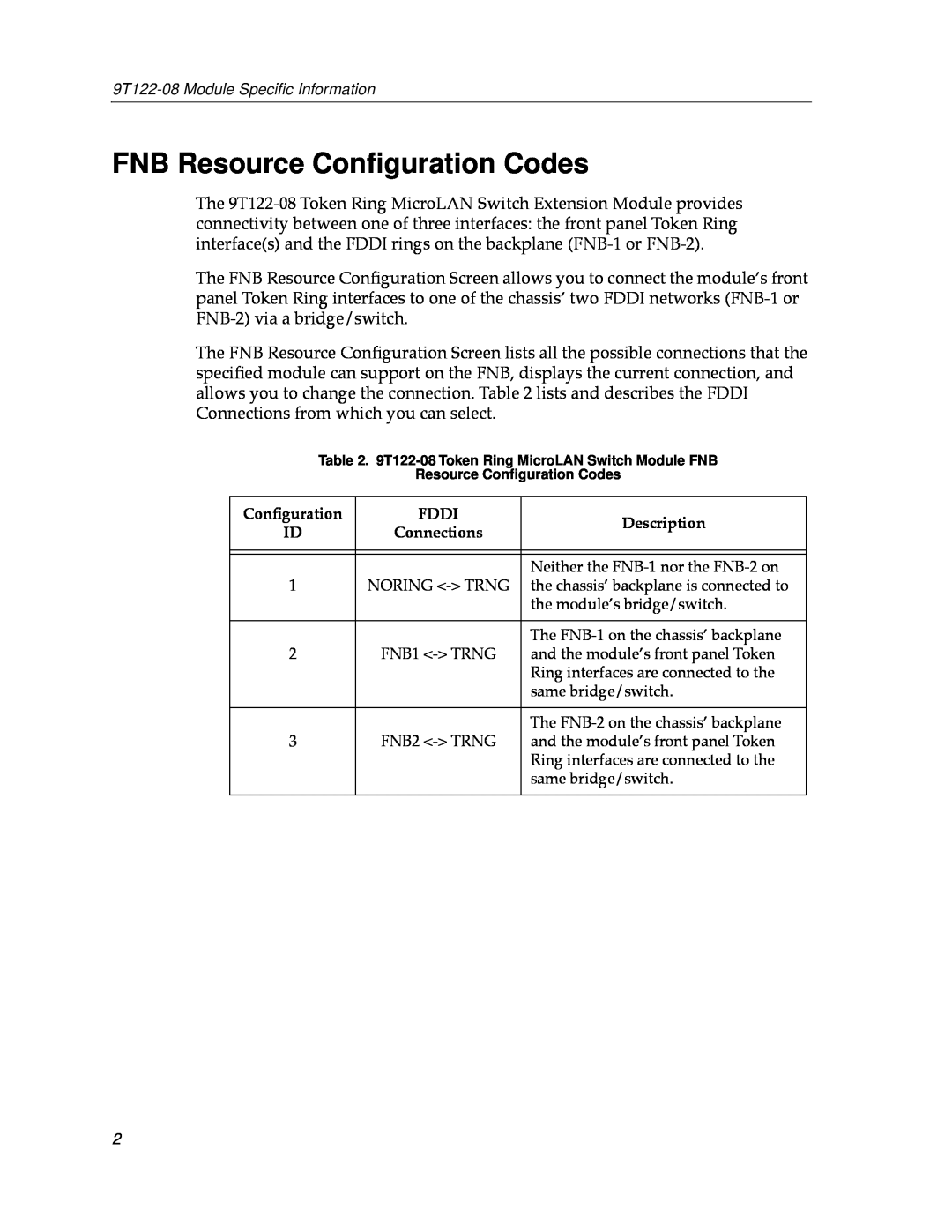 Cabletron Systems appendix FNB Resource Conﬁguration Codes, 9T122-08 Module Speciﬁc Information 