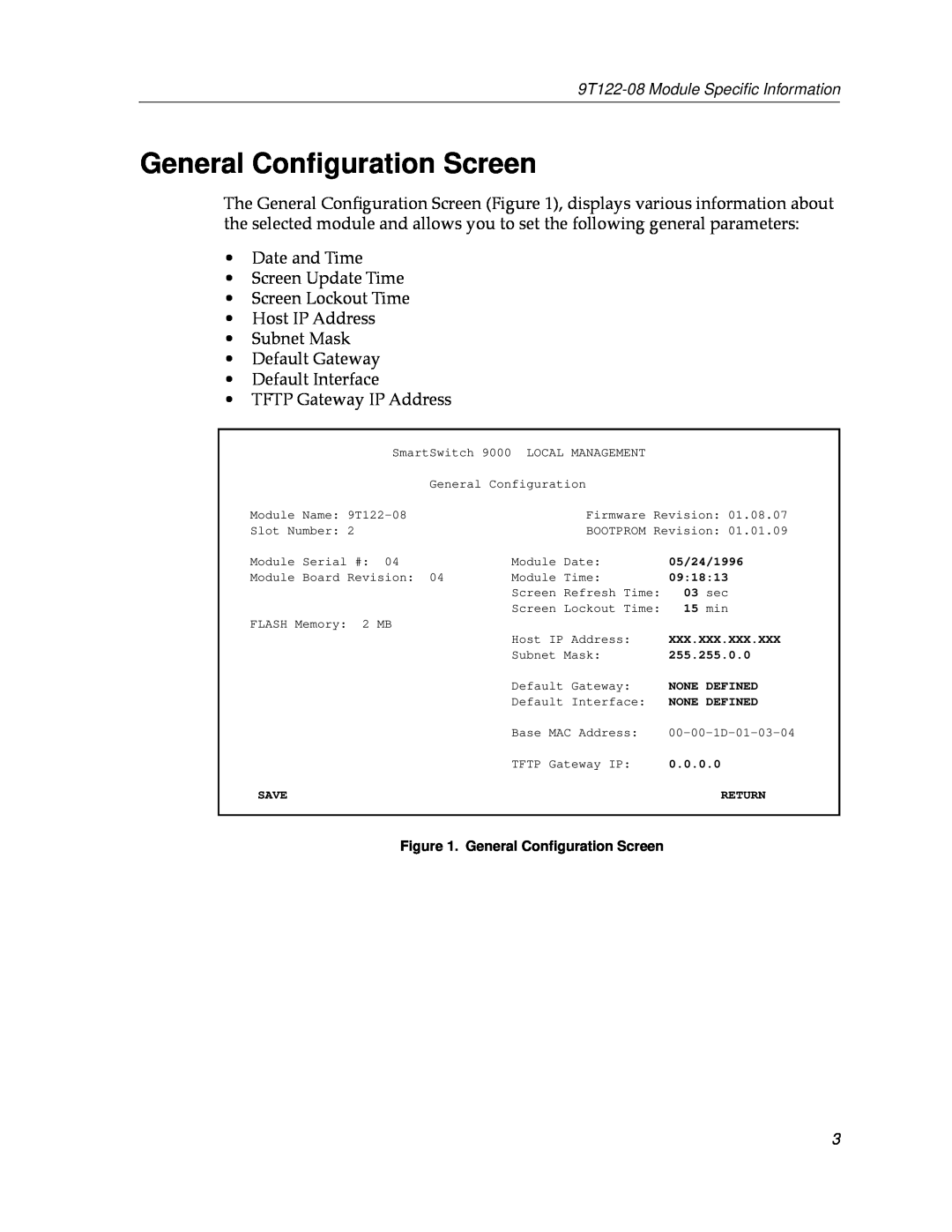 Cabletron Systems 9T122-08 appendix General Conﬁguration Screen 