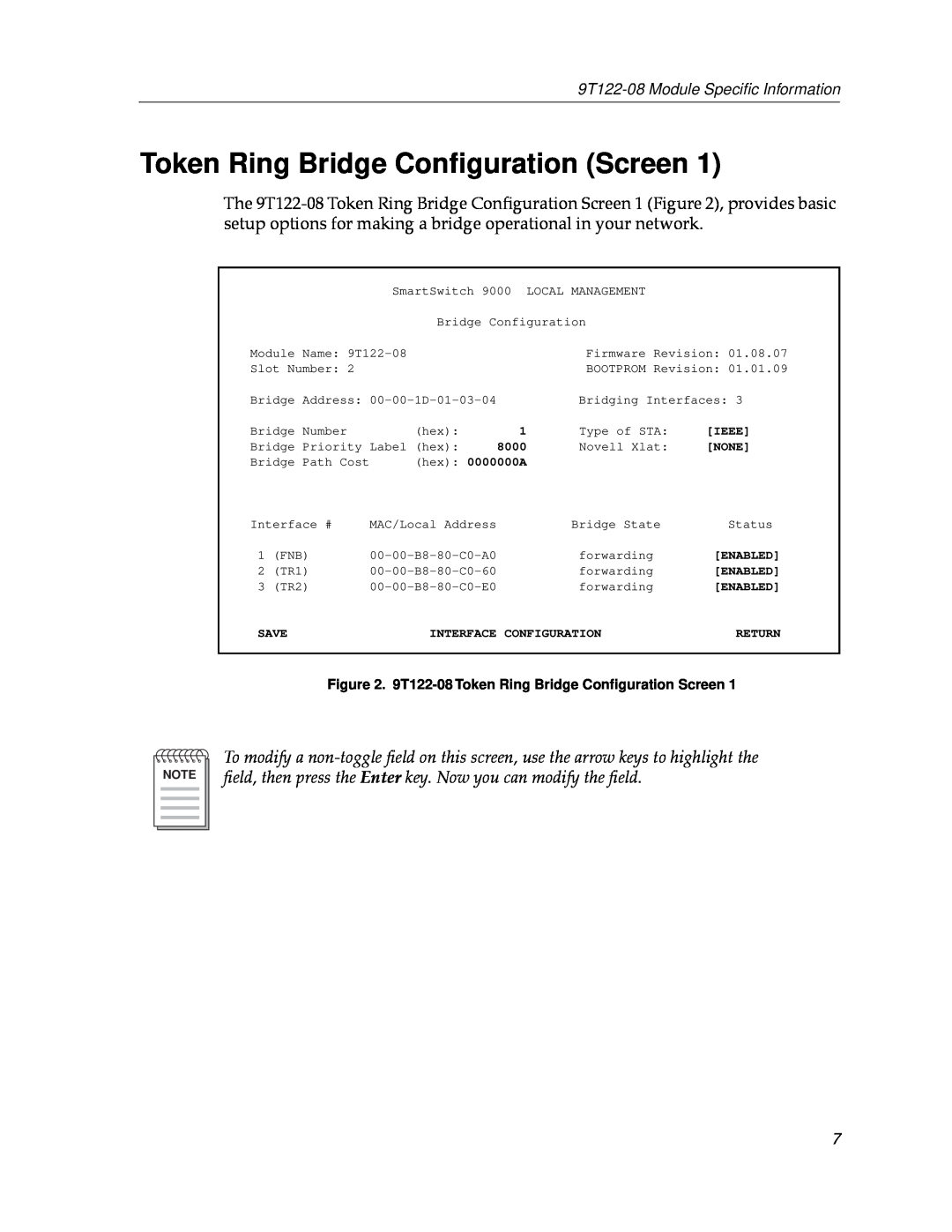 Cabletron Systems Token Ring Bridge Conﬁguration Screen, 9T122-08 Module Speciﬁc Information, Ieee, None, Save, Return 