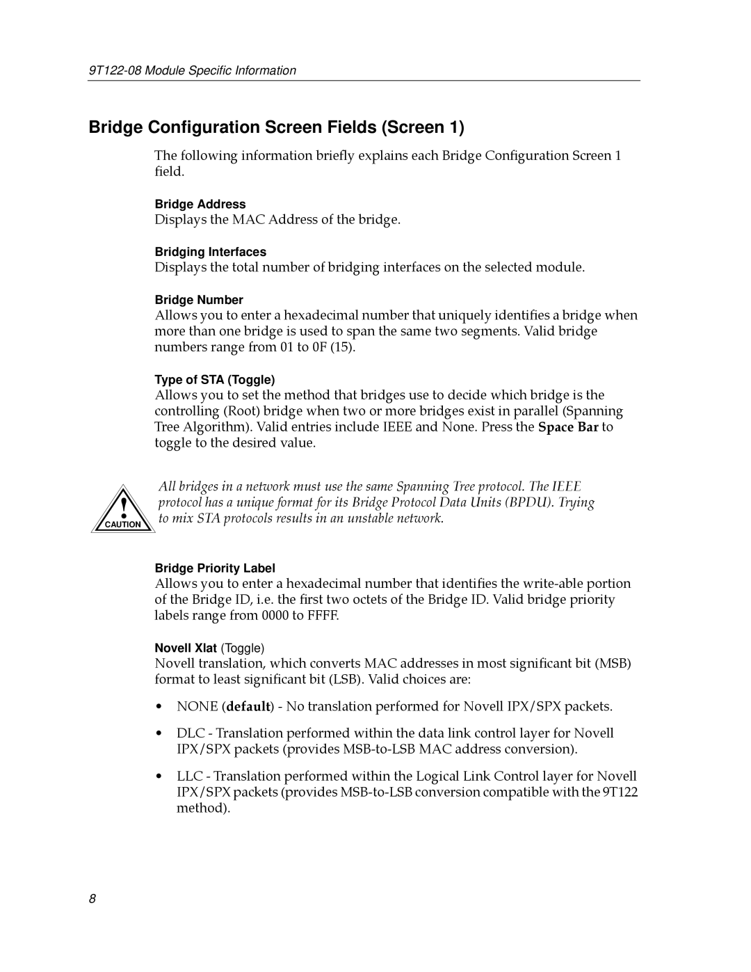 Cabletron Systems 9T122-08 appendix Bridge Conﬁguration Screen Fields Screen 