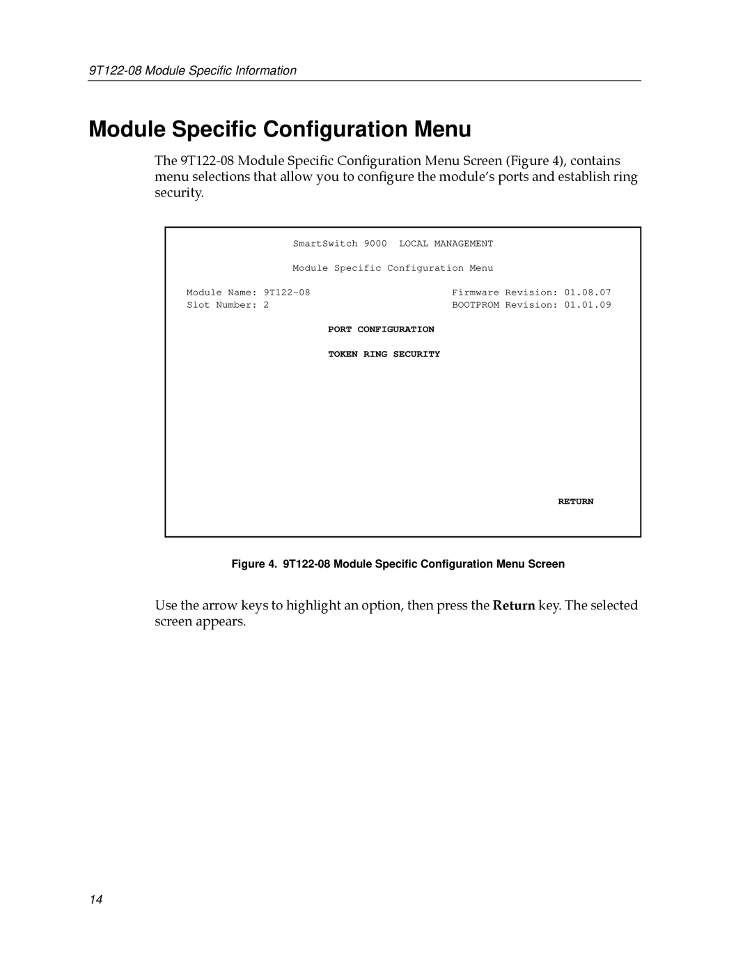 Cabletron Systems 9T122-08 appendix T122-08 Module Speciﬁc Conﬁguration Menu Screen 