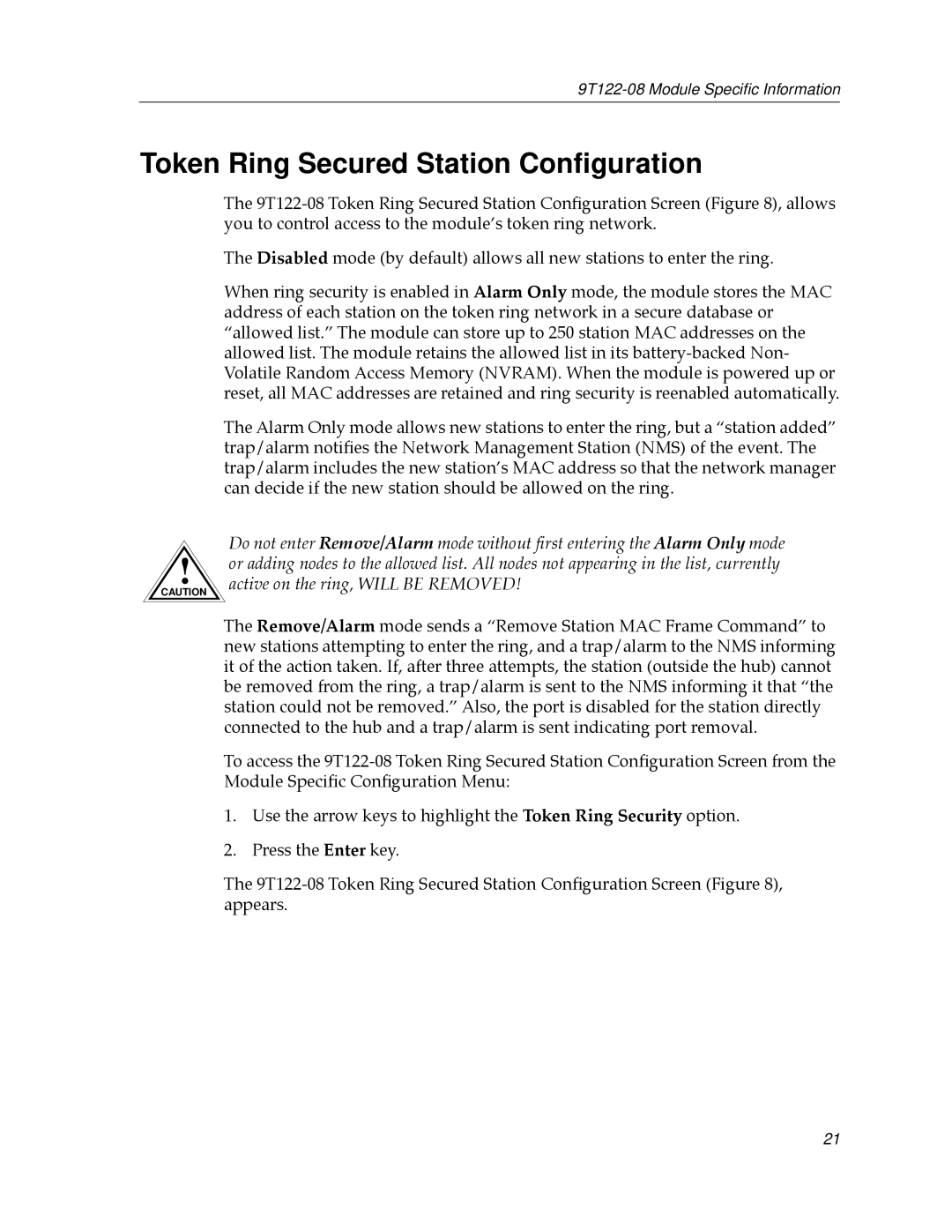 Cabletron Systems 9T122-08 appendix Token Ring Secured Station Conﬁguration 