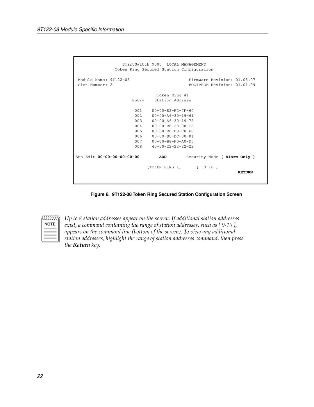 Cabletron Systems 9T122-08 appendix T122-08 Token Ring Secured Station Conﬁguration Screen 