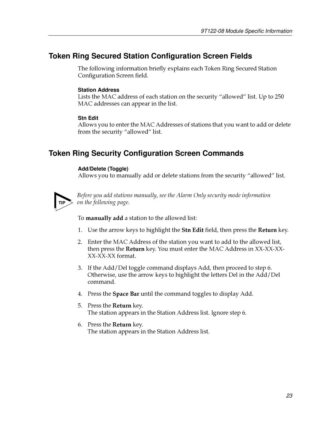 Cabletron Systems 9T122-08 appendix Token Ring Secured Station Conﬁguration Screen Fields 