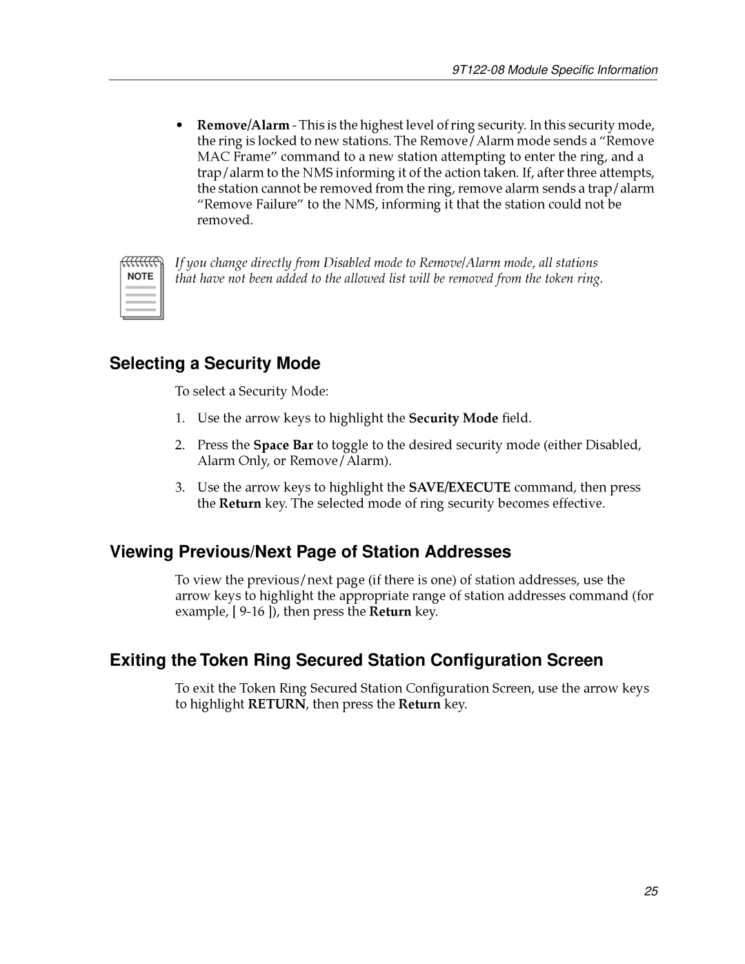 Cabletron Systems 9T122-08 appendix Selecting a Security Mode, Viewing Previous/Next Page of Station Addresses 