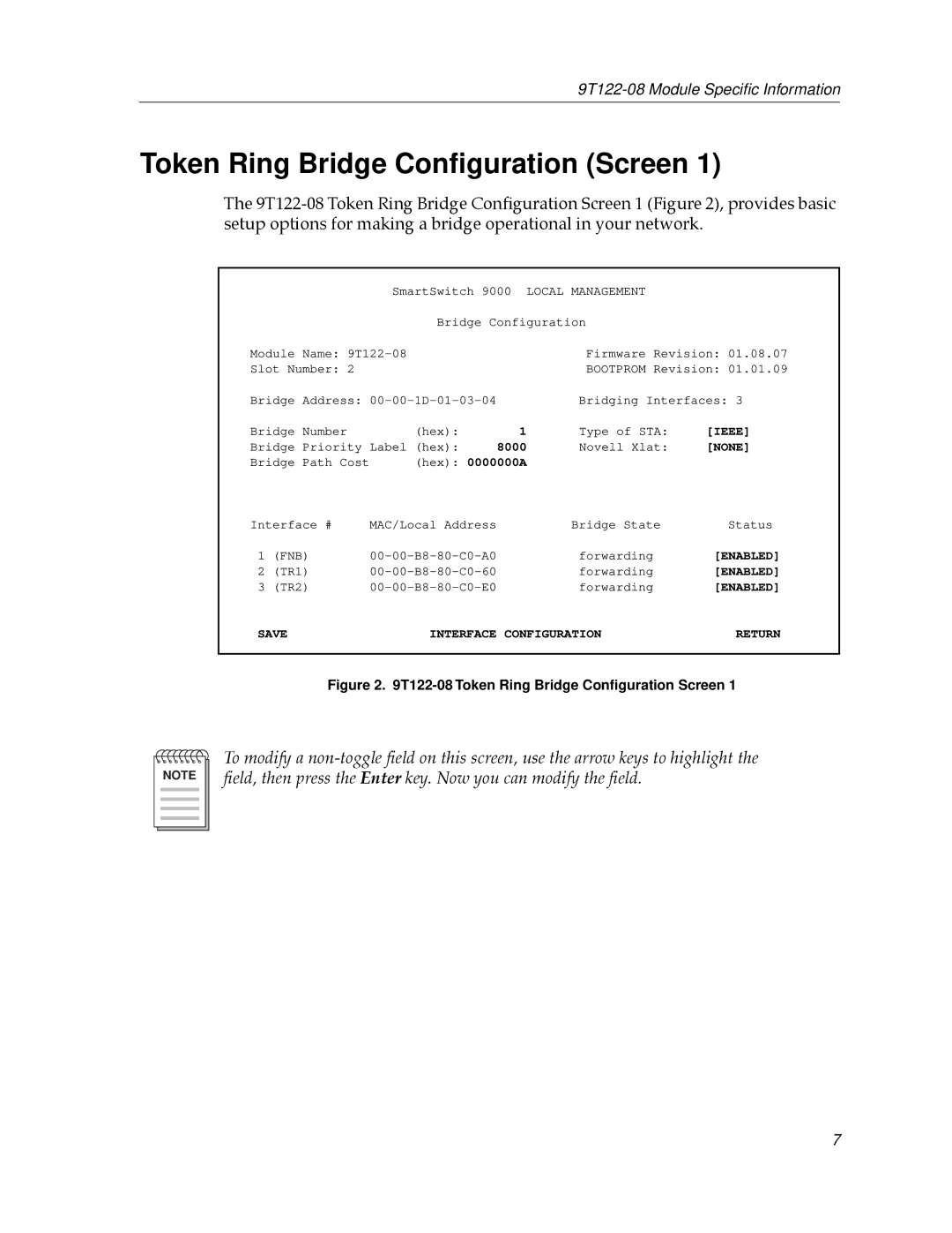 Cabletron Systems 9T122-08 appendix Token Ring Bridge Conﬁguration Screen, None 