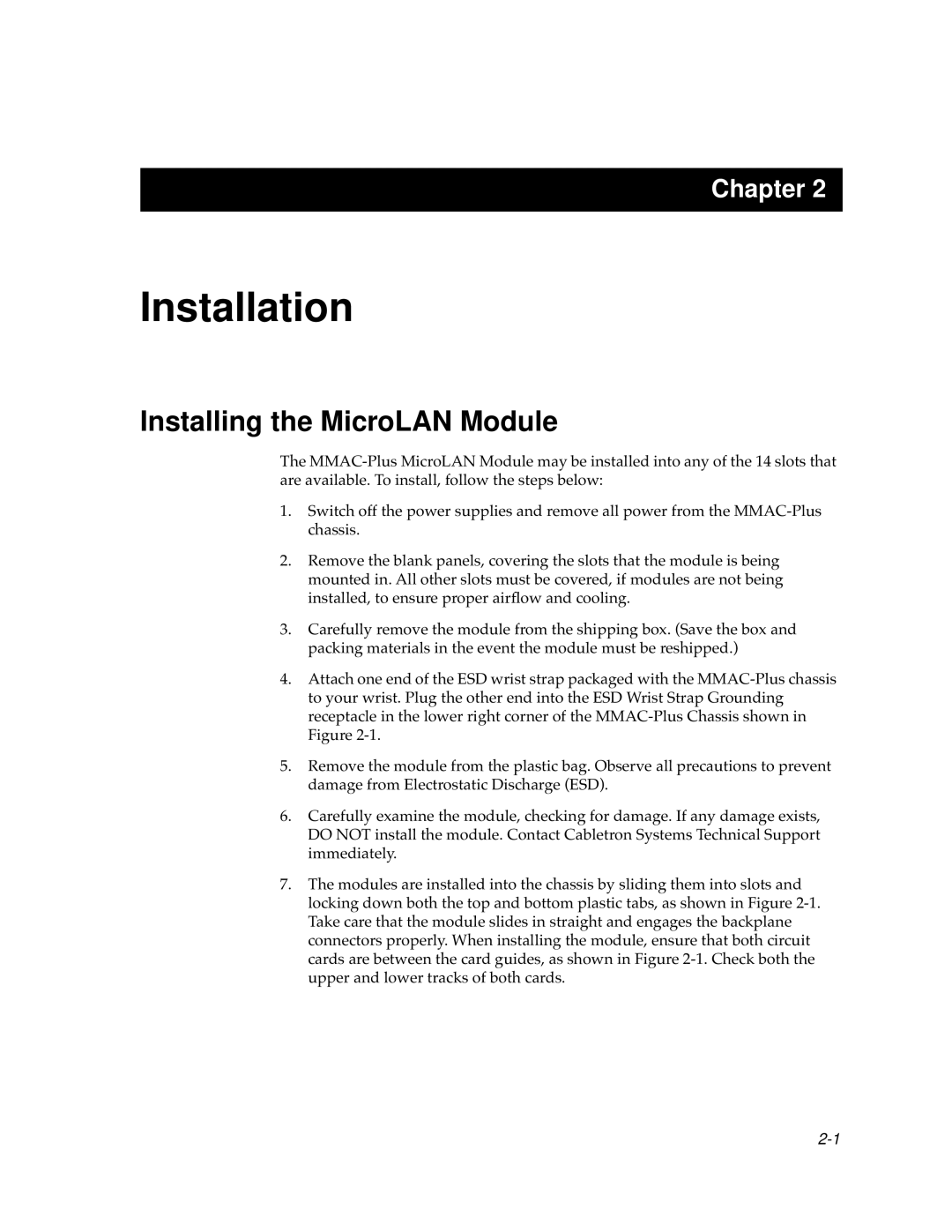 Cabletron Systems 9T122-24 manual Installation, Installing the MicroLAN Module 