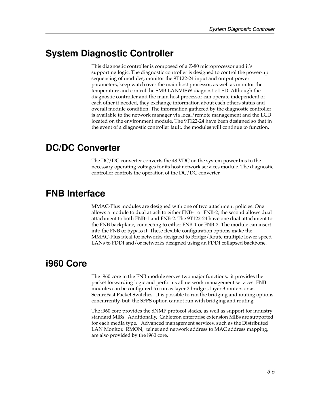 Cabletron Systems 9T122-24 manual System Diagnostic Controller, DC/DC Converter, FNB Interface, I960 Core 