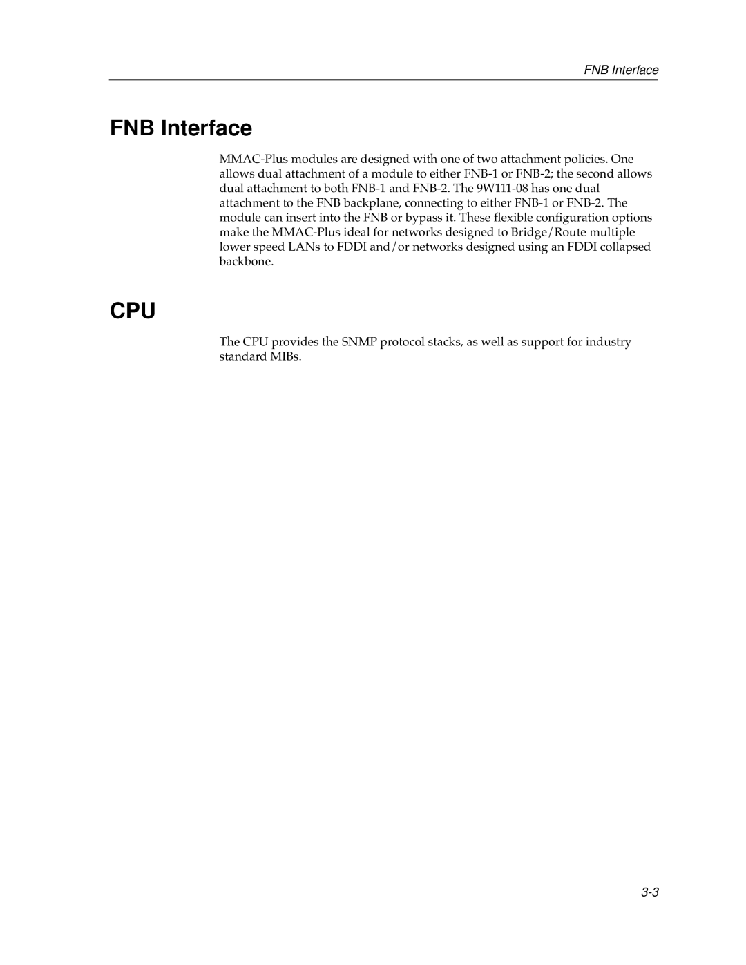 Cabletron Systems 9W111-08 manual FNB Interface, Cpu 