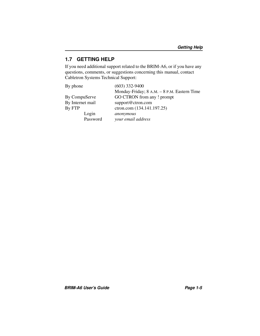 Cabletron Systems BRIM-A6 manual Getting Help 