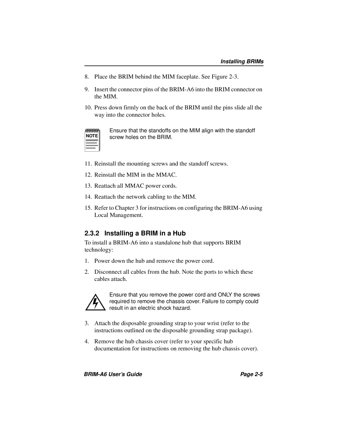 Cabletron Systems BRIM-A6 manual Installing a Brim in a Hub 