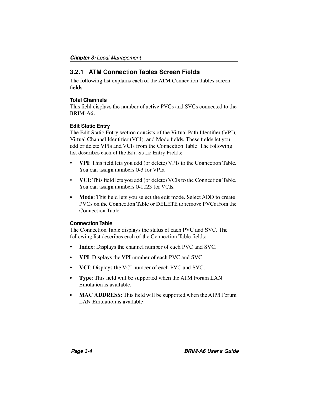 Cabletron Systems BRIM-A6 manual ATM Connection Tables Screen Fields 