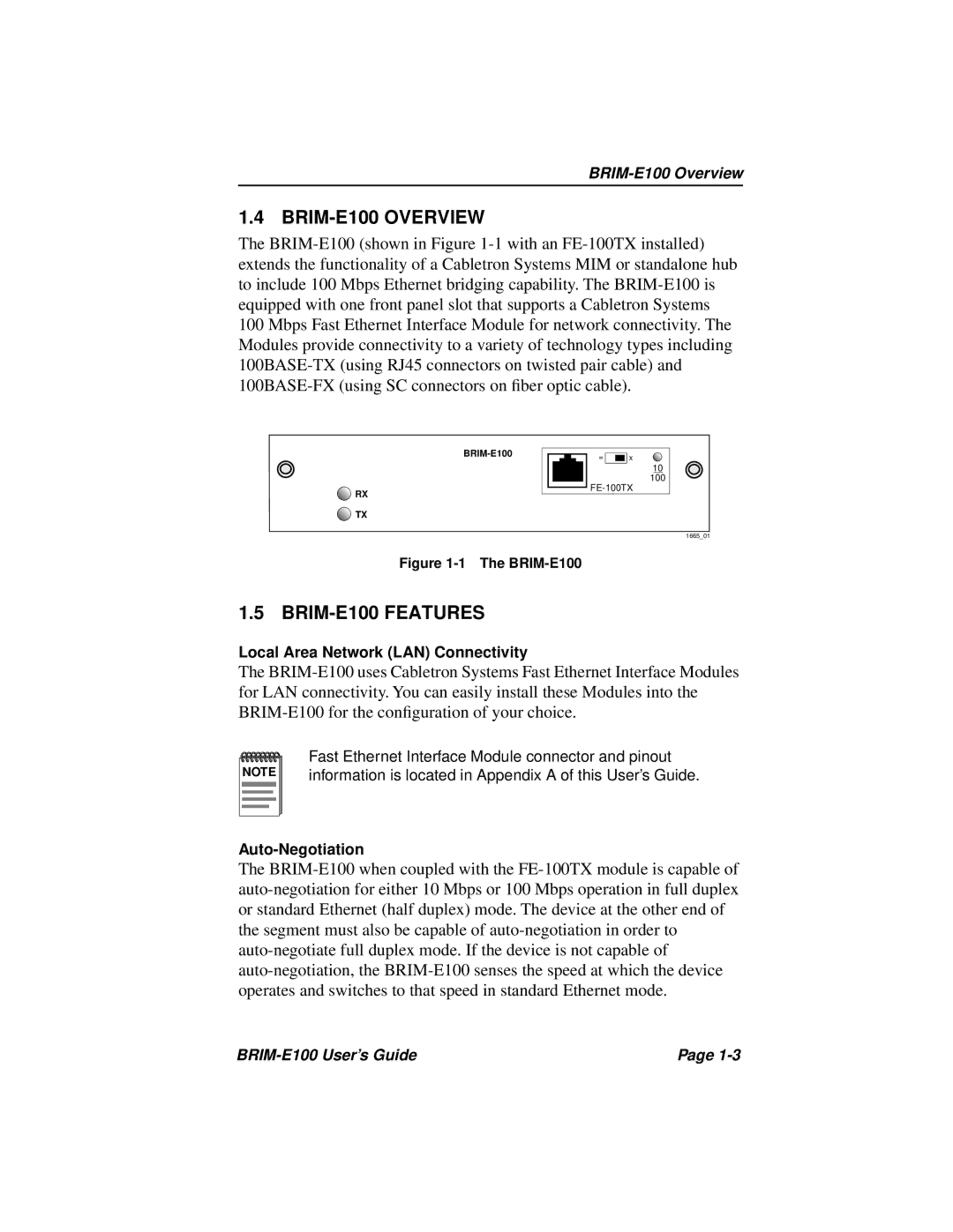 Cabletron Systems manual BRIM-E100 Overview, BRIM-E100 Features 