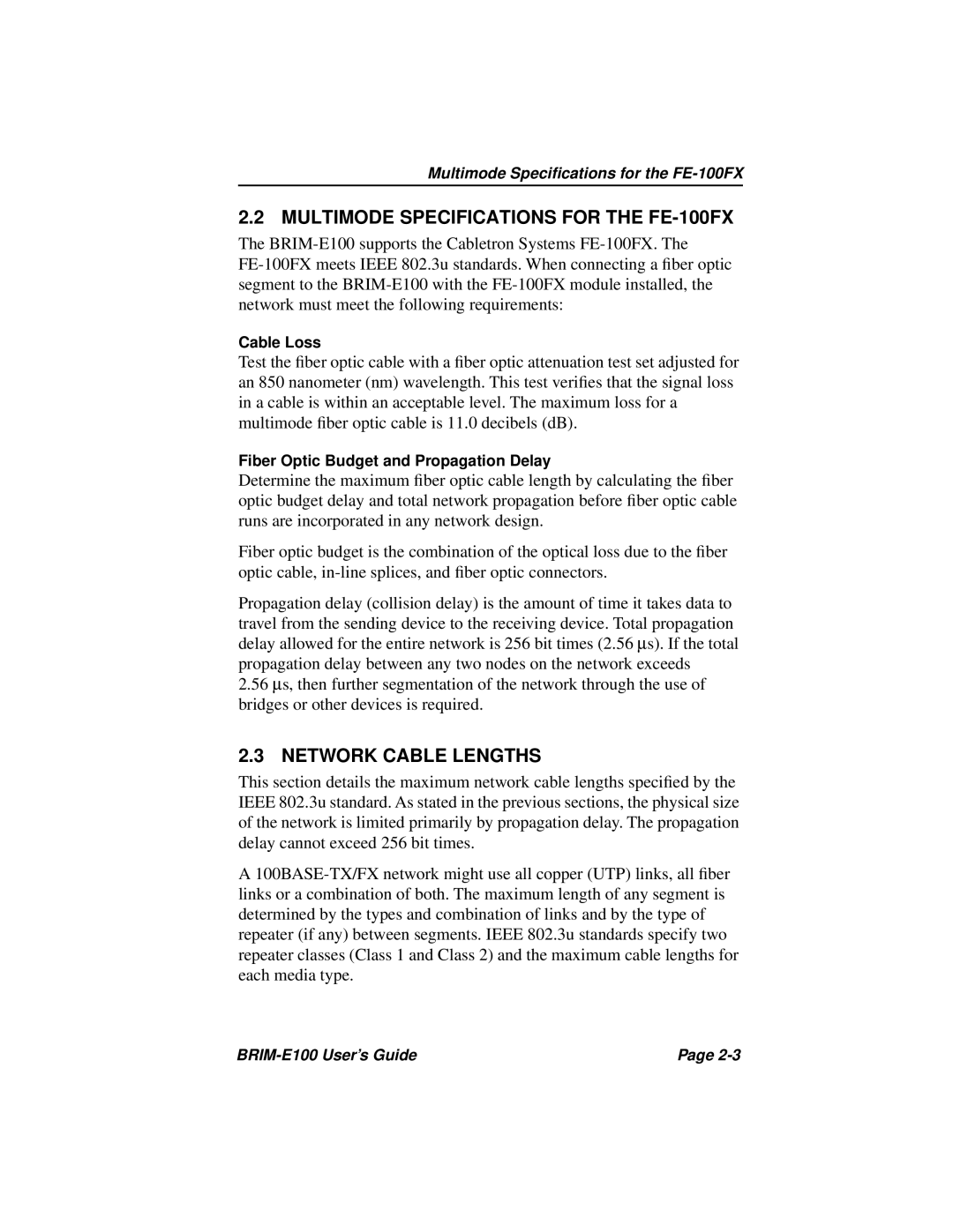 Cabletron Systems BRIM-E100 manual Multimode Specifications for the FE-100FX, Network Cable Lengths 