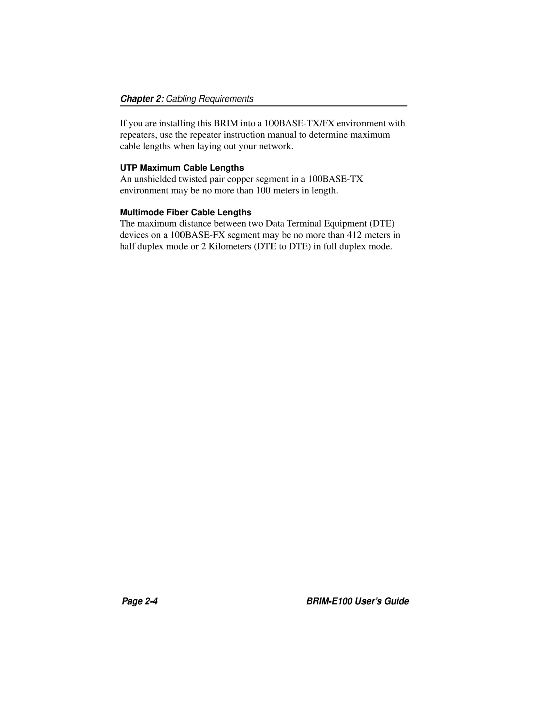 Cabletron Systems BRIM-E100 manual UTP Maximum Cable Lengths 