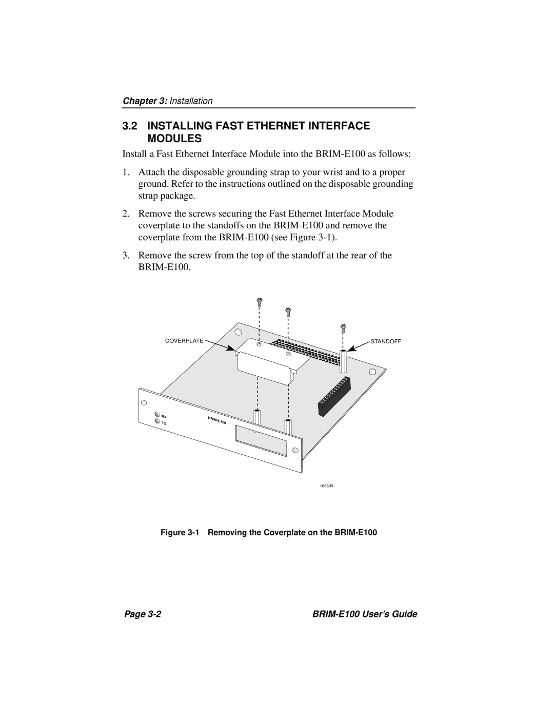 Cabletron Systems manual Installing Fast Ethernet Interface Modules, Removing the Coverplate on the BRIM-E100 