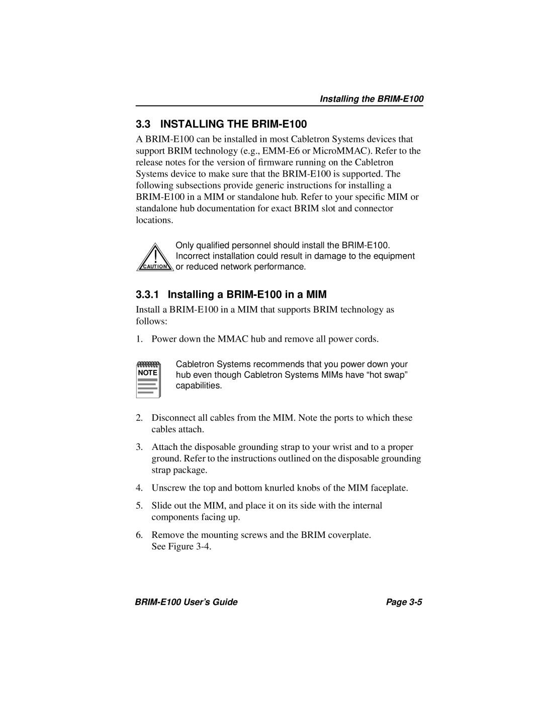 Cabletron Systems manual Installing the BRIM-E100, Installing a BRIM-E100 in a MIM 