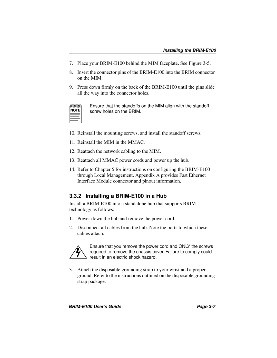 Cabletron Systems manual Installing a BRIM-E100 in a Hub 